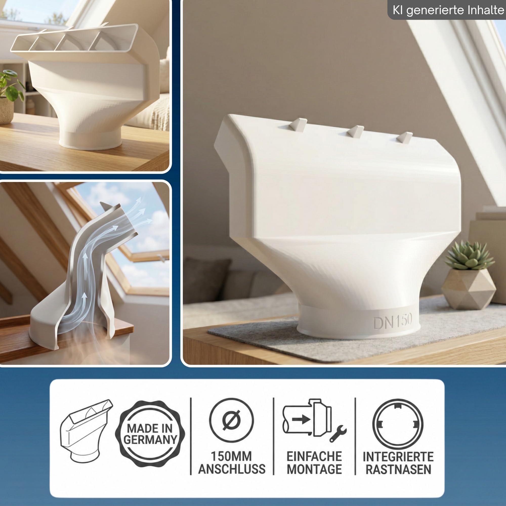 Ø150mm Fenster Adapter Klima Abluft extra breit und flach – Reduzierstück auf schmale Öffnung - Passend für mobile Klimaanlagen passend für Velux Roto Fakro