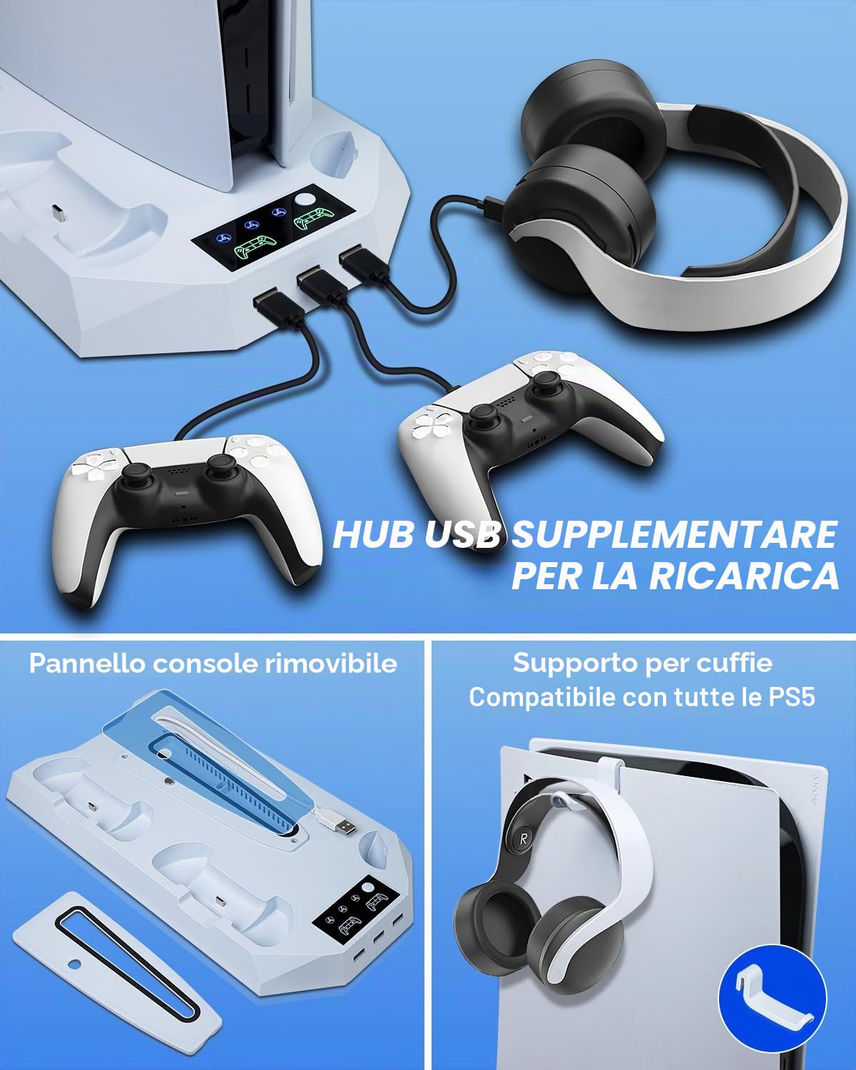 Sehawei Supporto per PS5/PS5 pro con Ventola di Raffreddamento,Ricarica Controller PS5, PS5 Supporto Verticale con Indicatori LED per PS5 Slim Disc & Digital/PS5/PS5 pro Disc & Digital