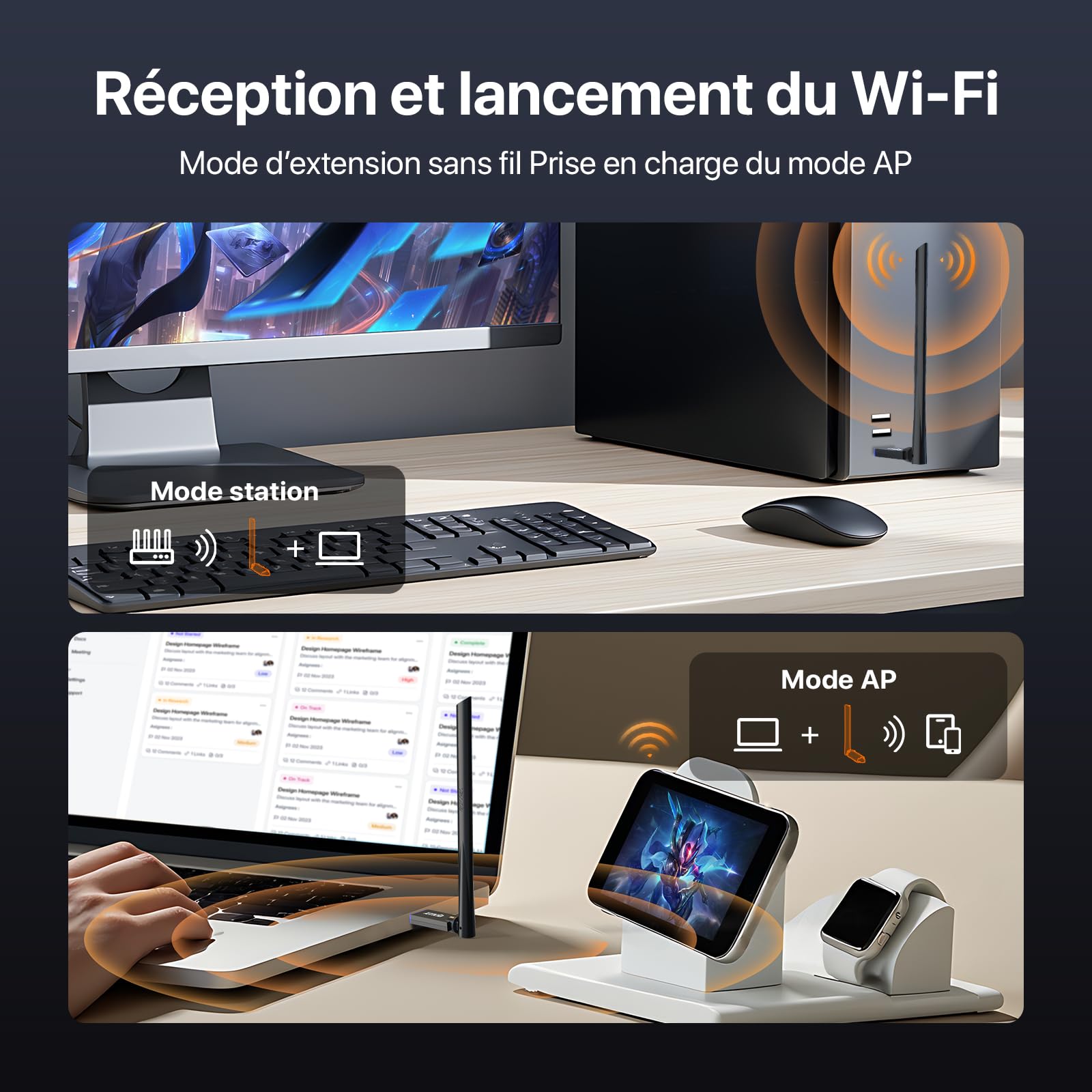 Tenda Clé WiFi AX900Mbps USB Antenne 6dBi Double Bande 5/2.4 GHz U11 Pro