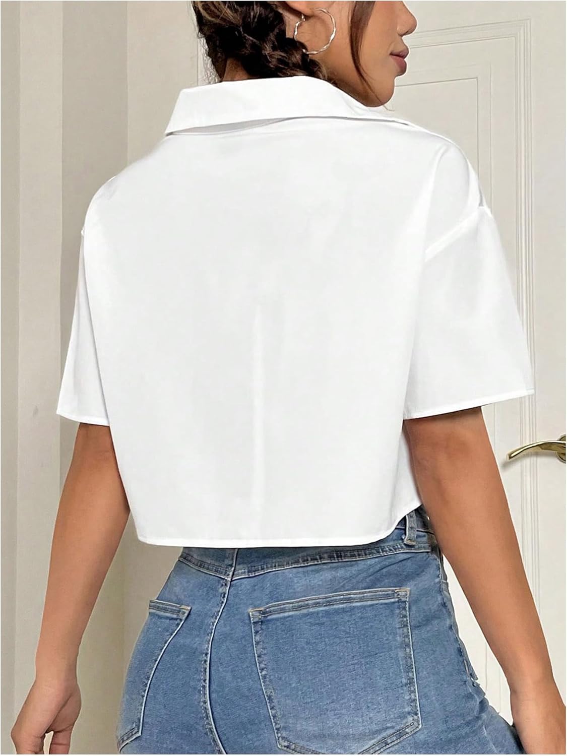 MakeMeChic Women's Cropped Button Up Shirt Short Sleeve Collar Shirts Blouse Crop Tops - Image 2