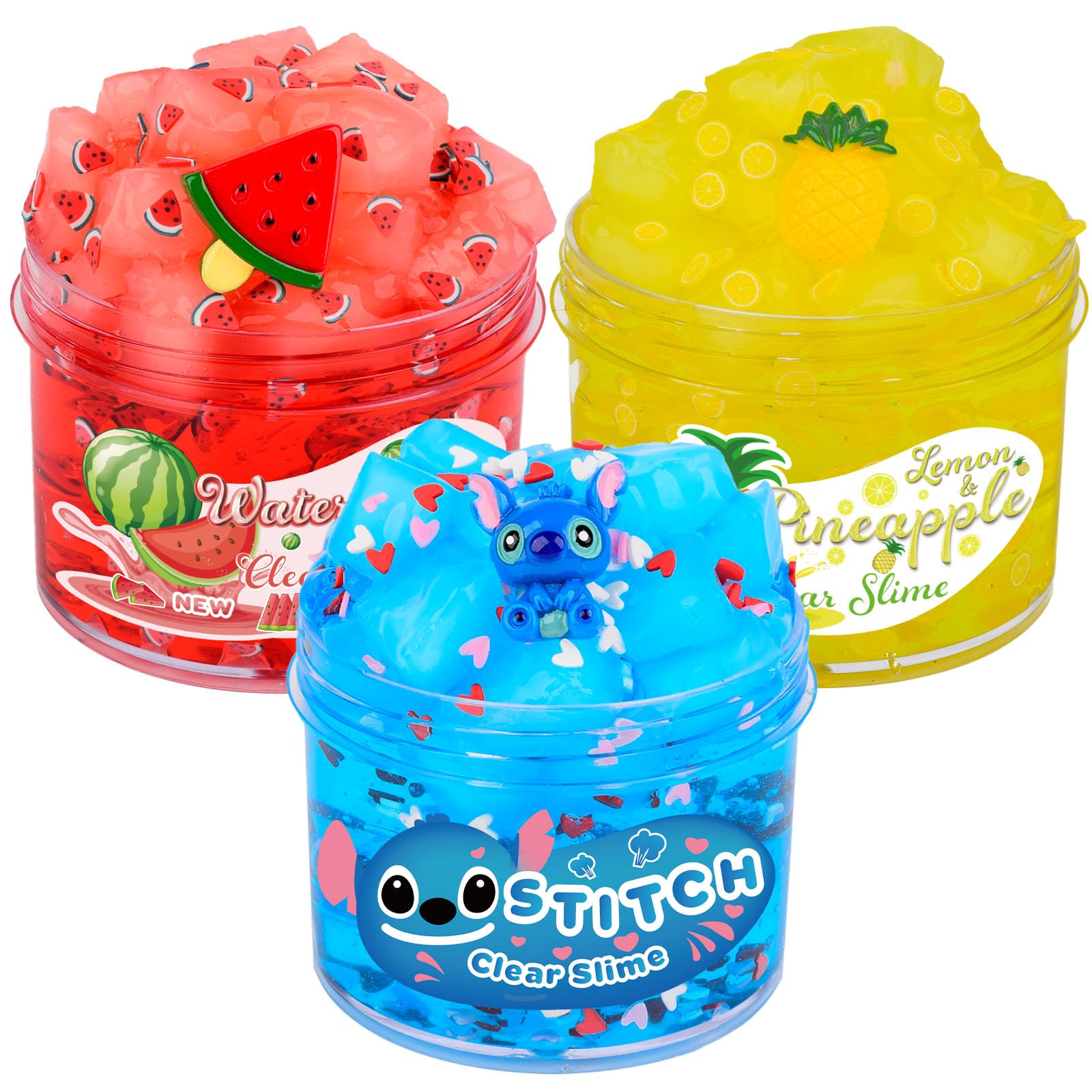 Clear Slime Kit 3 Pack, Blue Crystal Clear Slime Pink Heart Add Ins with Jelly Cubes, Watermelon Pineapple Yellow Clear Slime Set with Fruit Slices, Crunchy Slime for Gilrs Boys Birthday Party Favors