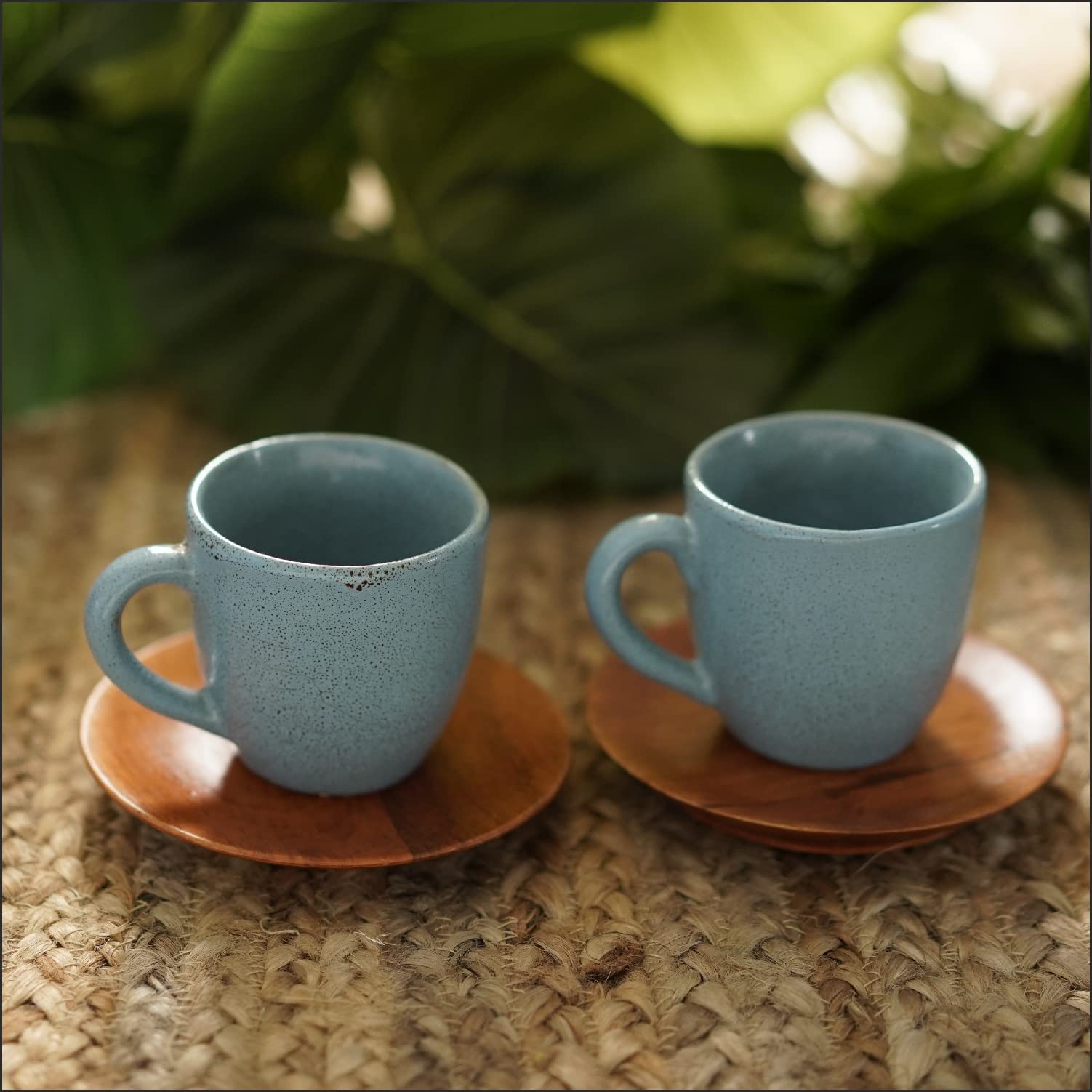 Courtyard Textured Hand Cast Ceramic | Wood Dhera Blue Tea Cups Set of 2 with Saucers|Brown & Blue|100 ML|Set of 2