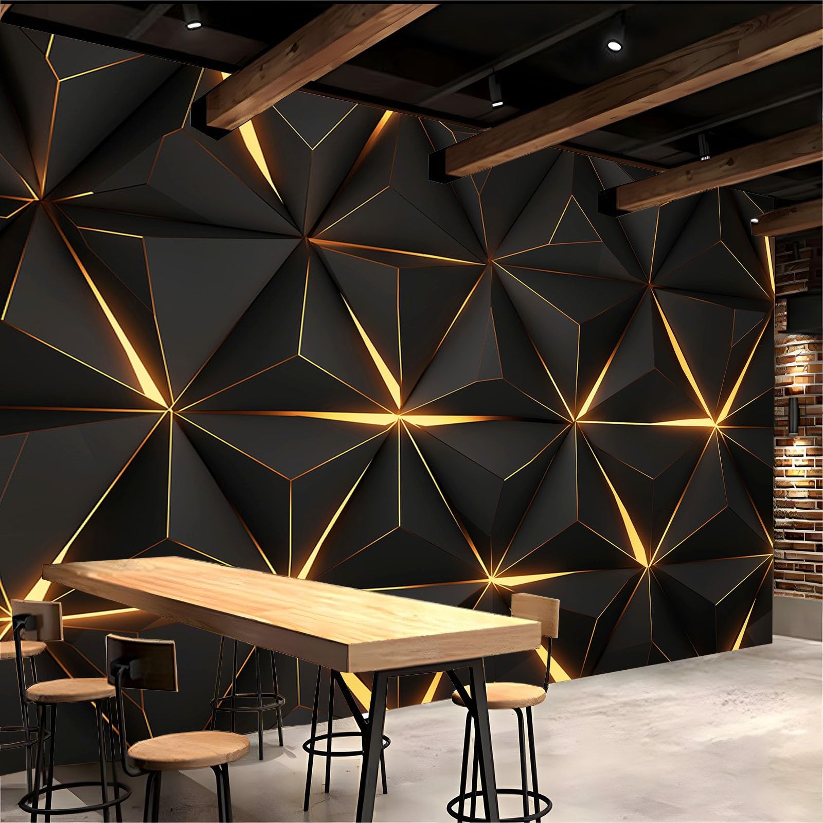 Générique Papier Peint Panoramique Géométrie Noire Dorée Triangle 400x280 cm Papier Peint Intissé Mural, Poster Geant Mural Impression 3D, pour Salon Chambre d'enfants restaurant Décoration Murale