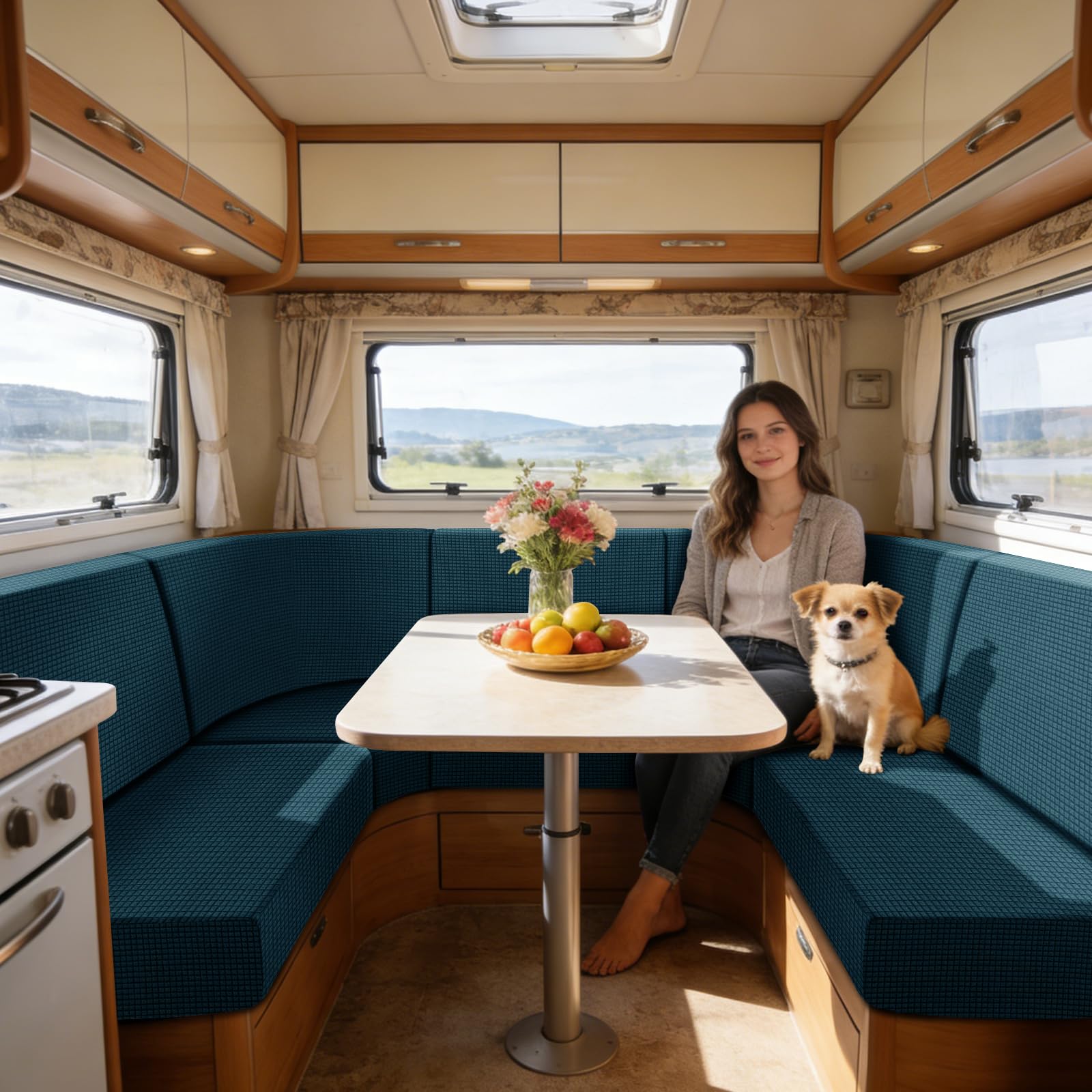 SYLC Caravan Seat Cover Stretch Jacquard, Non-slip RV Dinette Cushion Covers with 2 Straps, Couch Cushion Covers for Camper Sofa Bench (Teal,W 115-145 cm, D 45-65 cm)