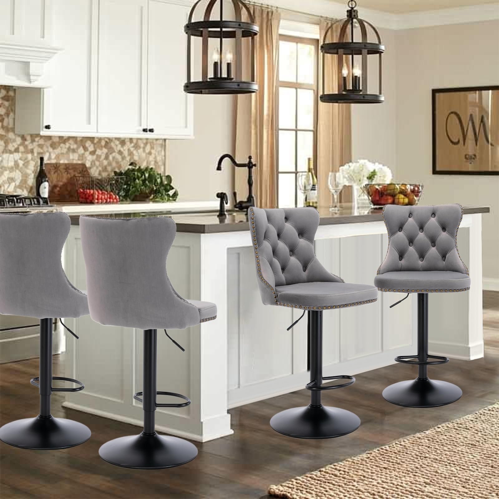 SoarFlash Velvet Bar Stool Set of 4, Adjustable Swivel Bar Stools with Black Metal Leg, Button Tufted, Footrest, Chrome Nailhead, Counter Height Chair
