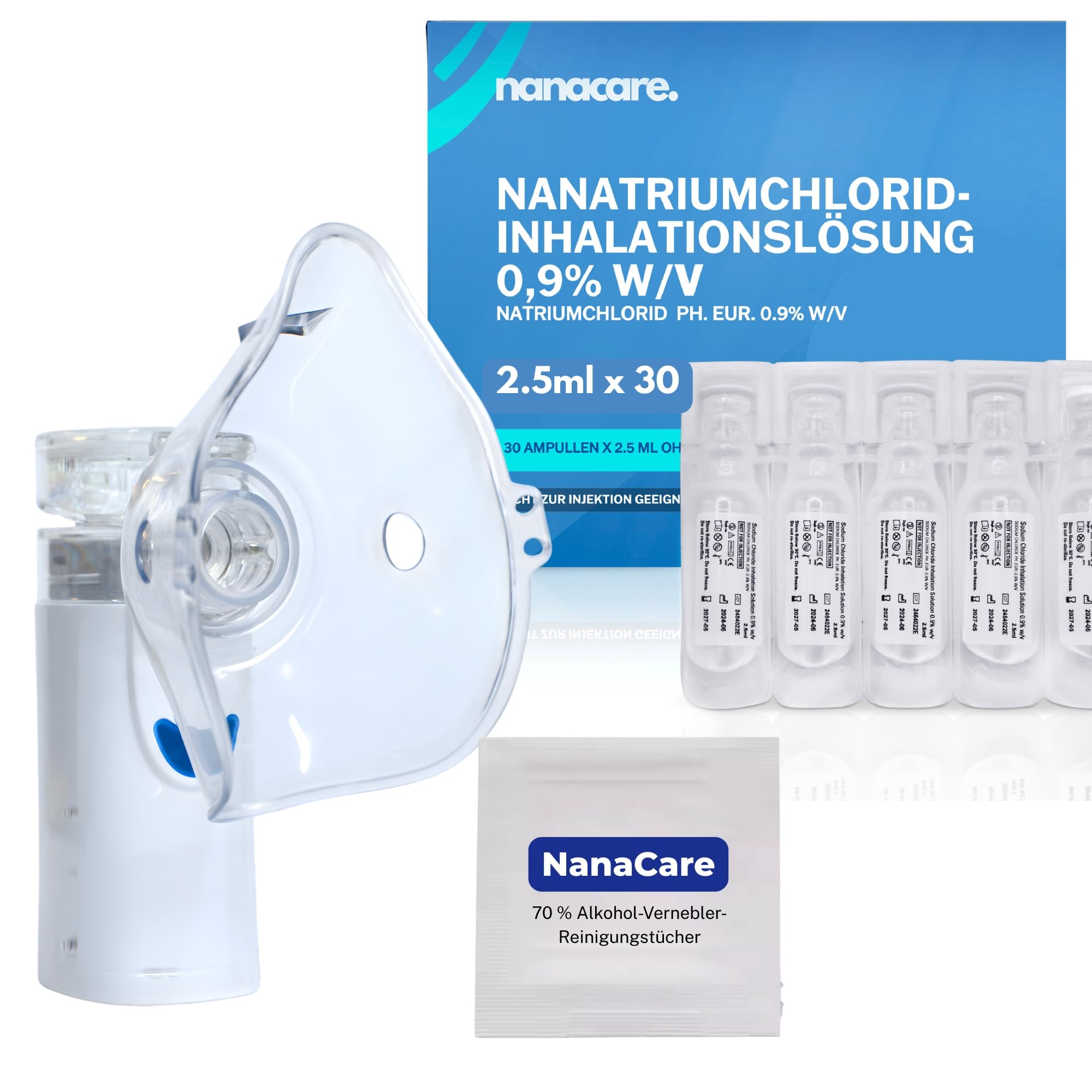 Tragbares Vernebler Set - Inhalationsgerät + 30 Ampullen Sterile NaCl 0,9% Kochsalzlösung zur Inhalation + Reinigungstücher für Reise und Haushaltsgebrauch for Adults and Kids