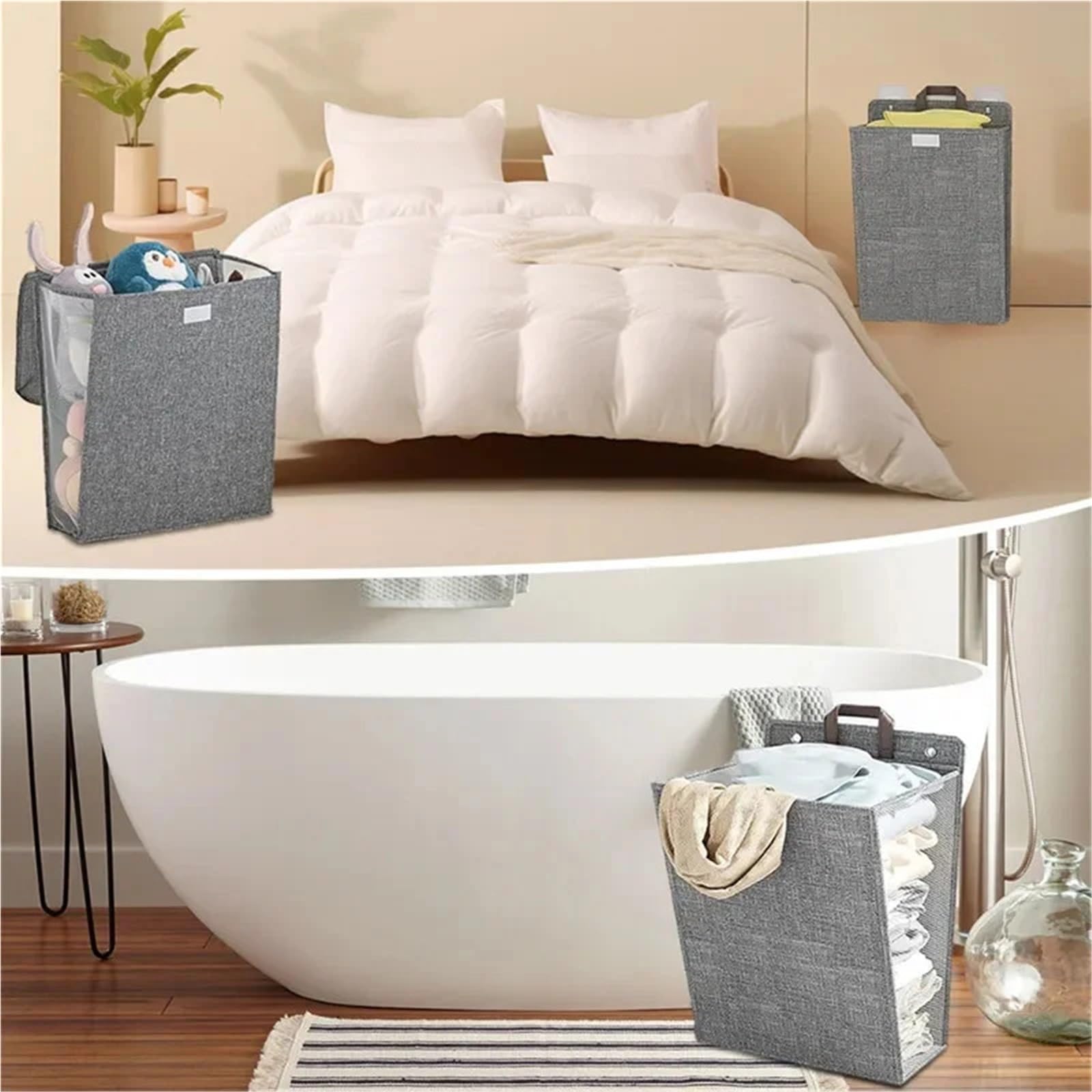 Sacco Per Bucato Sospeso Cesto portabiancheria adesivo pieghevole | Cesto multifunzionale for appendere i panni da appendere alla parete, senza perforazione(Beige M)