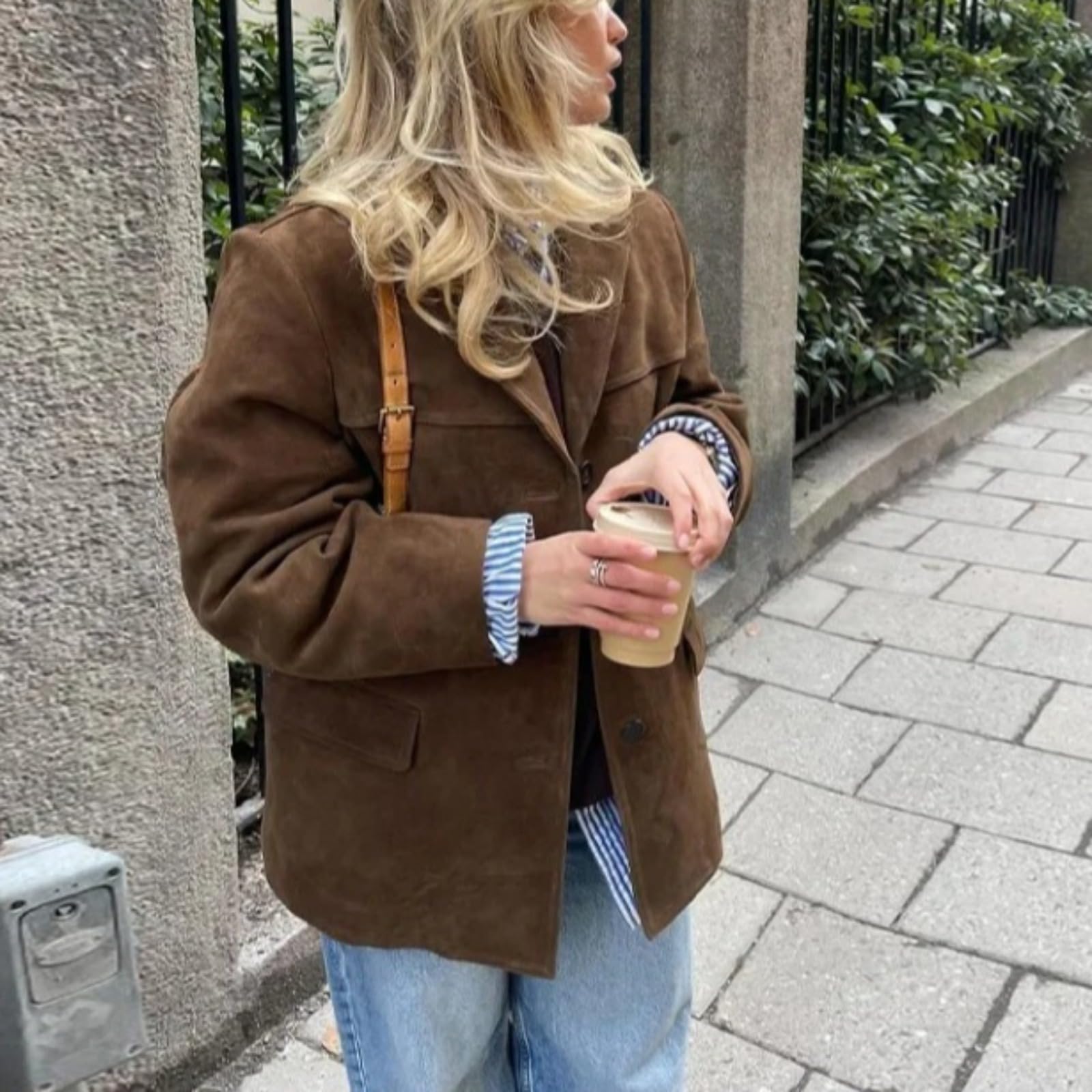 Damska brązowa zamszowa kurtka Faux Suede Blazer Coat Vintage Estetyka Ponadgabarytowa odzież wierzchnia