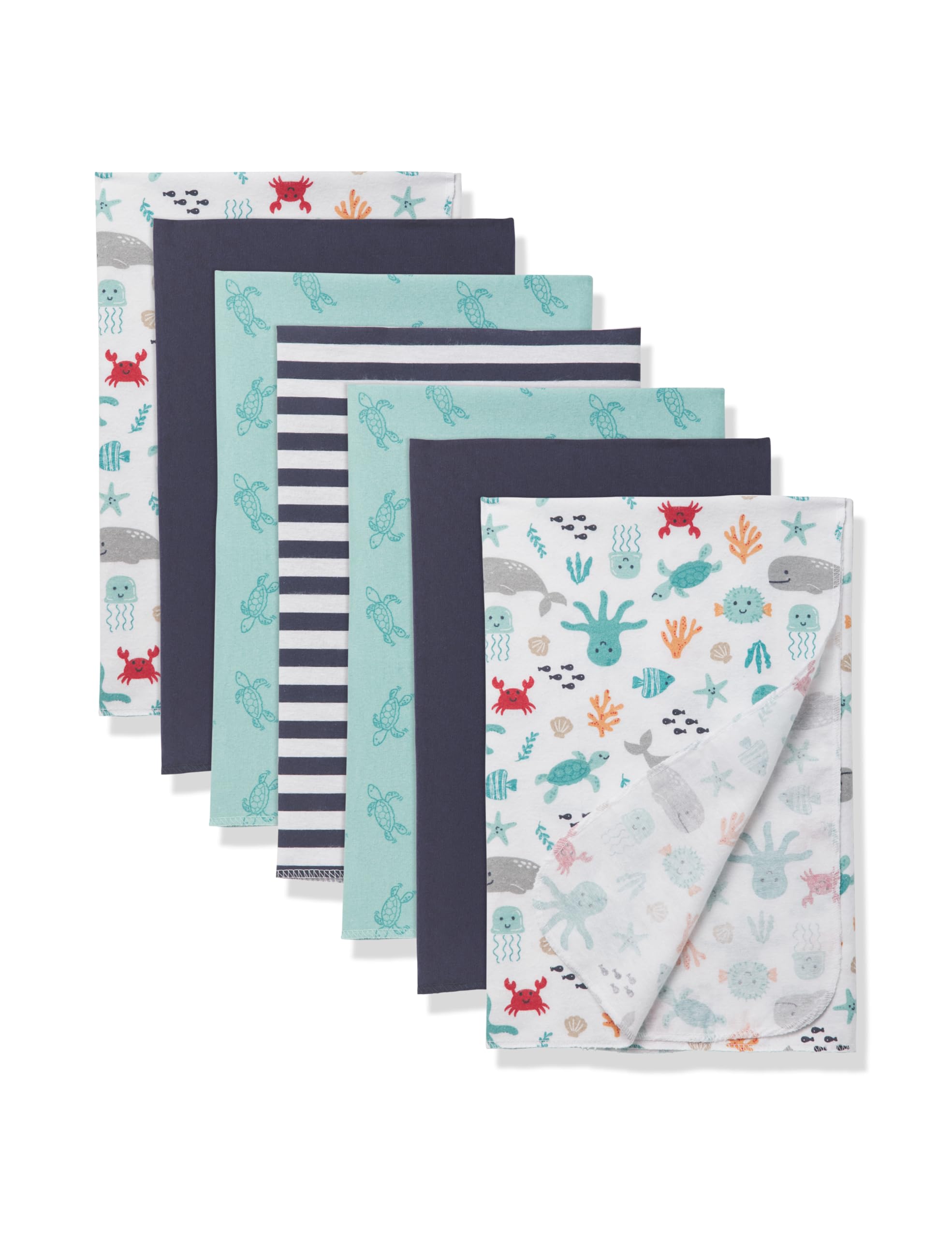 Little Treasure Hudson Baby Cotton Poly Flannel Receiving Blankets Multipack, Blue Sea Characters, 30x30 inches