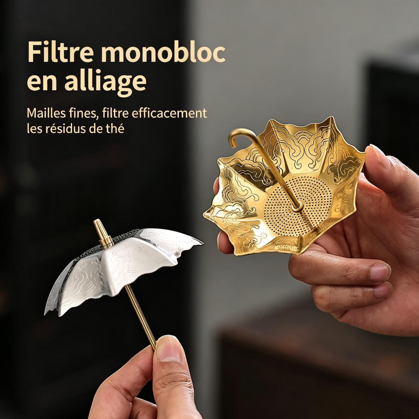 Accesorio de filtración de té en forma de paraguas - Pasapapero de té de acero inoxidable 304 con asas aislantes - Apto para tazas, teteras y escritorios - Modelo dorado ([oro] + soporte)
