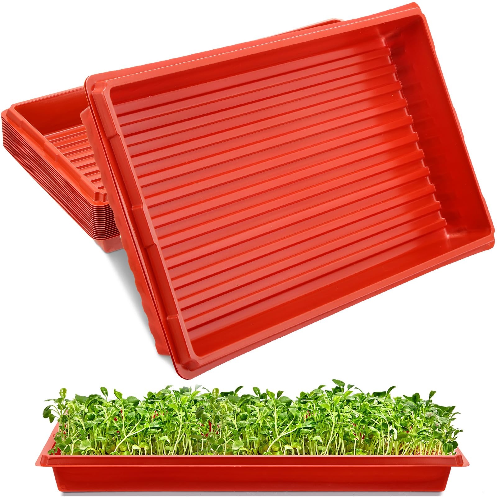 Suclain 20 Pcs 10" x 20" Seed Starter Grow Trays No Holes Plastic Nursery Trays for Microgreen Seedling Starting, Plant Growing, Propagation and Germination, Gardening Soil or Hydroponics (Red)