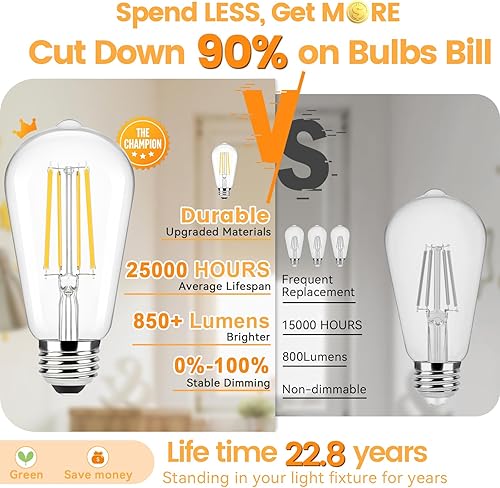 Miniatura 4 de Brightever Bombillas LED Edison vintage equivalentes a 60 W, bombillas Edison regulables, 7 W, 850 lm, 90+CRI, bombilla de base E26 2700 K blanco