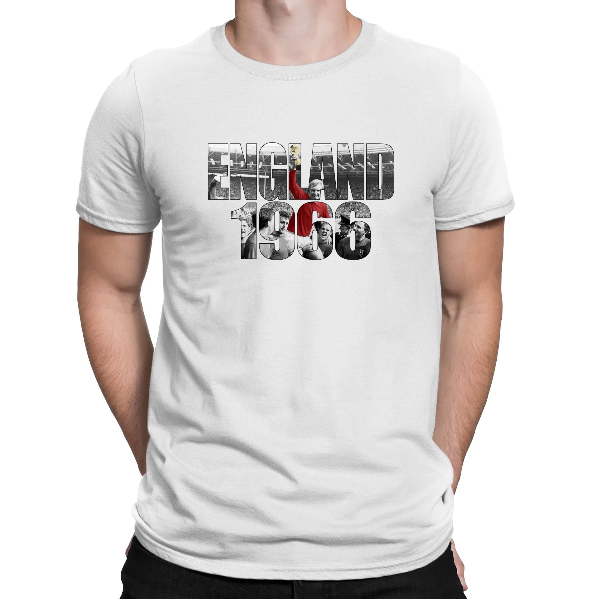 Flip Men's White England 1966 World Cup Bobby Moore Photo Football T-Shirt (L)
