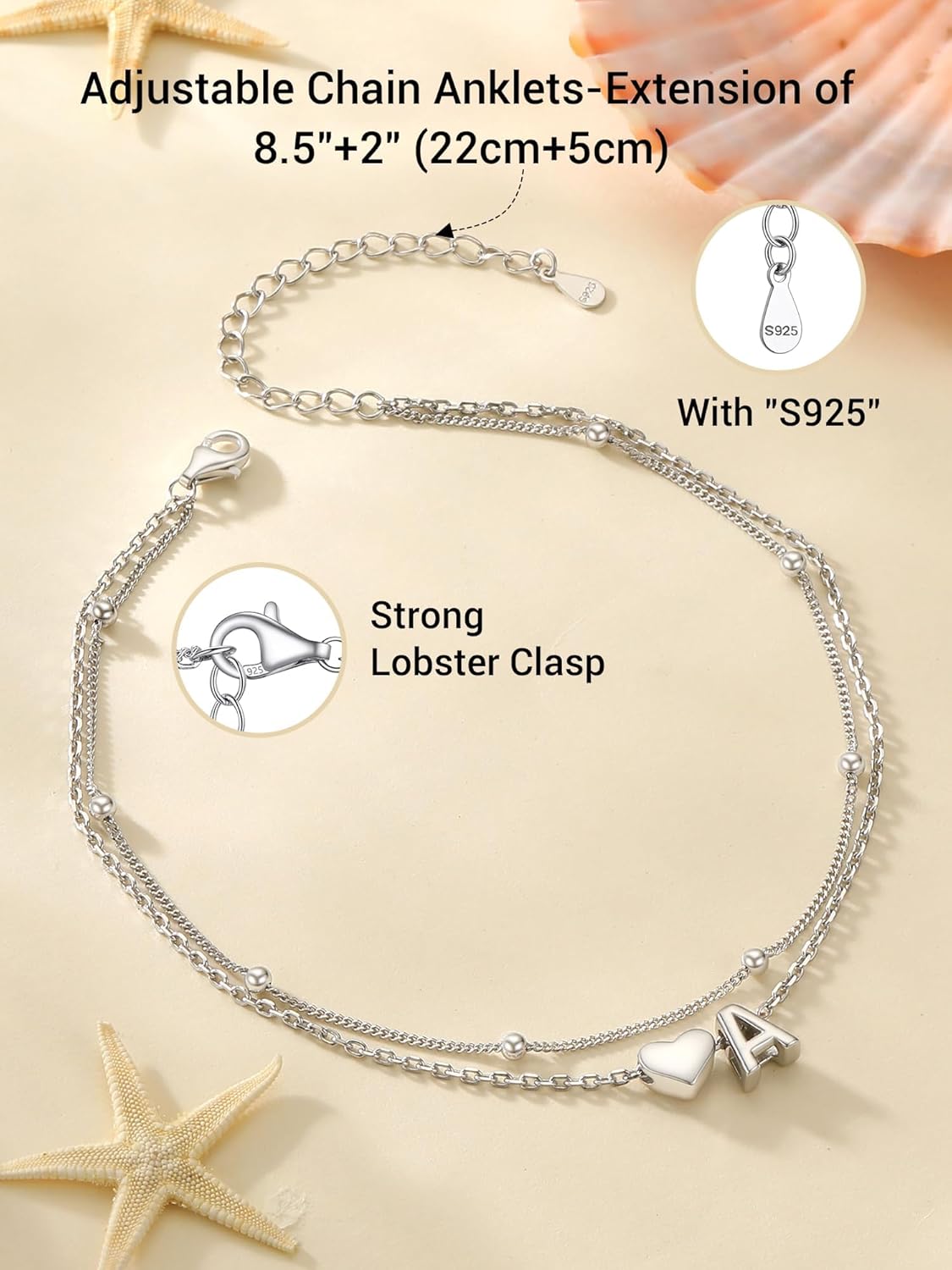 PROSILVER Ankle Bracelets for Women S925 Sterling Silver Anklets for Women Waterproof, Dainty Layered Heart Anklet, Beach Initial Anklet for Summer, Letter A-Z - Image 5