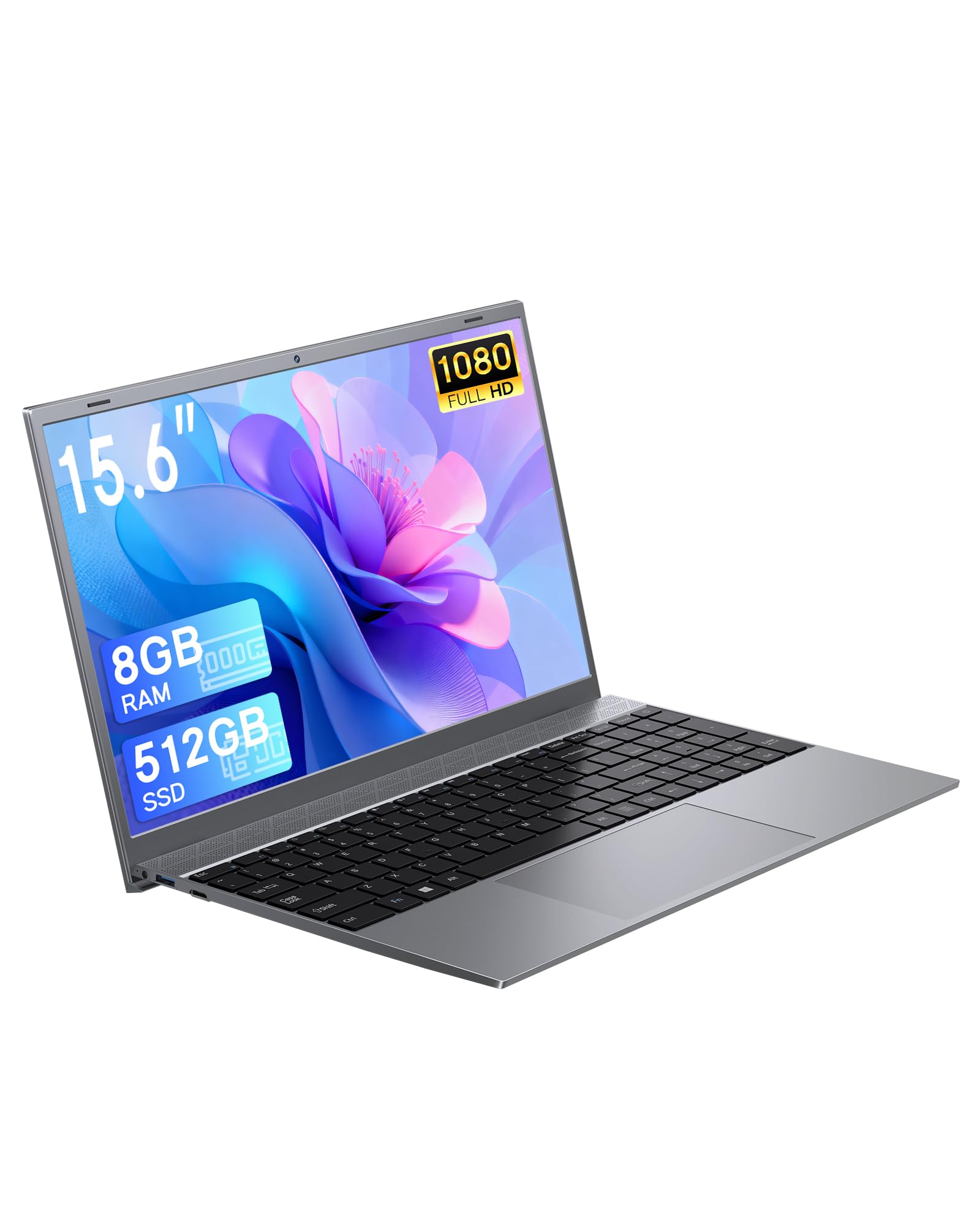 15.6 Inch Laptop Computer, 8GB RAM 512GB SSD PC Laptops, J3710 Processor (Up to 2.64GHz), FHD IPS Display, Type-C, USB 3.2, Mini HDMI, TF Card Slot, Reliable Slim Laptop for Business, Study, Work