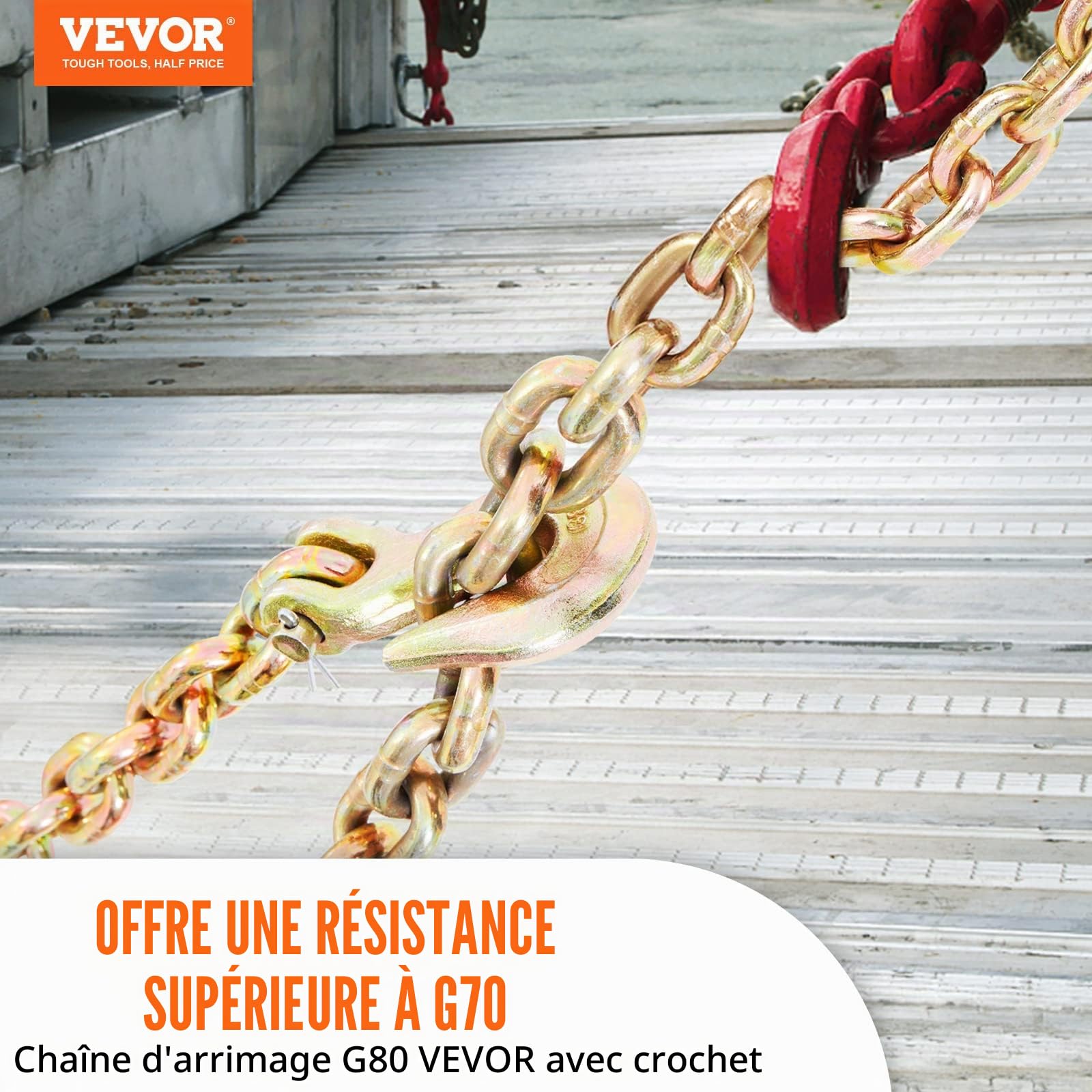 VEVOR Chaîne de Transport Crochets Lot de 2 Chaine de Reliure de Remorquage G80 Capacité Charge 3220 kg​​ 9,53 mm x 6 m Revêtement Galvanisé Acier au Manganèse pour Chantier de Construction Usine Quai