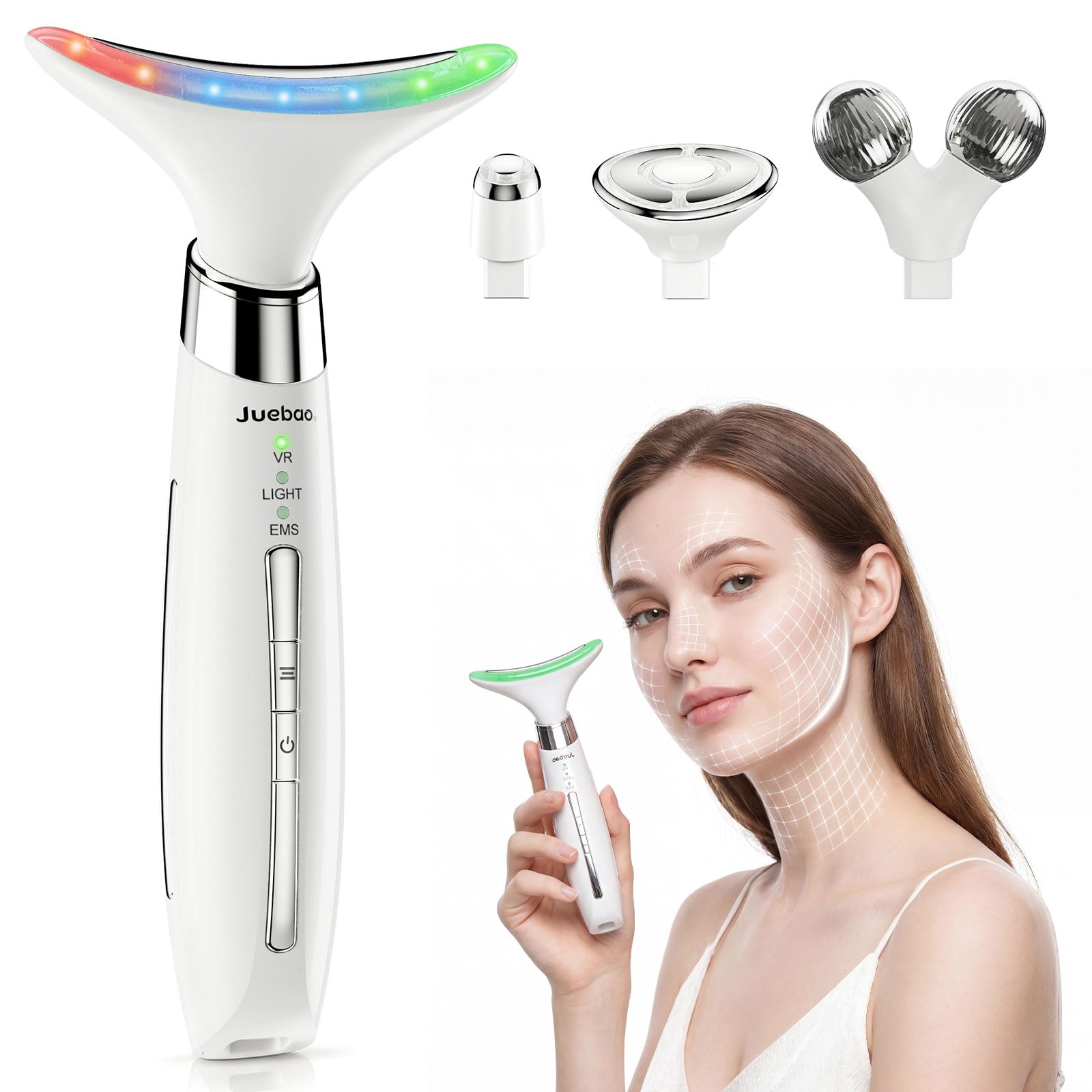 Massaggiatore Viso Lifting Antirughe Elettrico: 4-in-1 Apparecchio Massaggio Viso con 4 Testine Intercambiabili, Luce LED 3 Modalità, Calore 45°C, Massaggio Vibrante per Viso e Collo, per Uomo e Donna