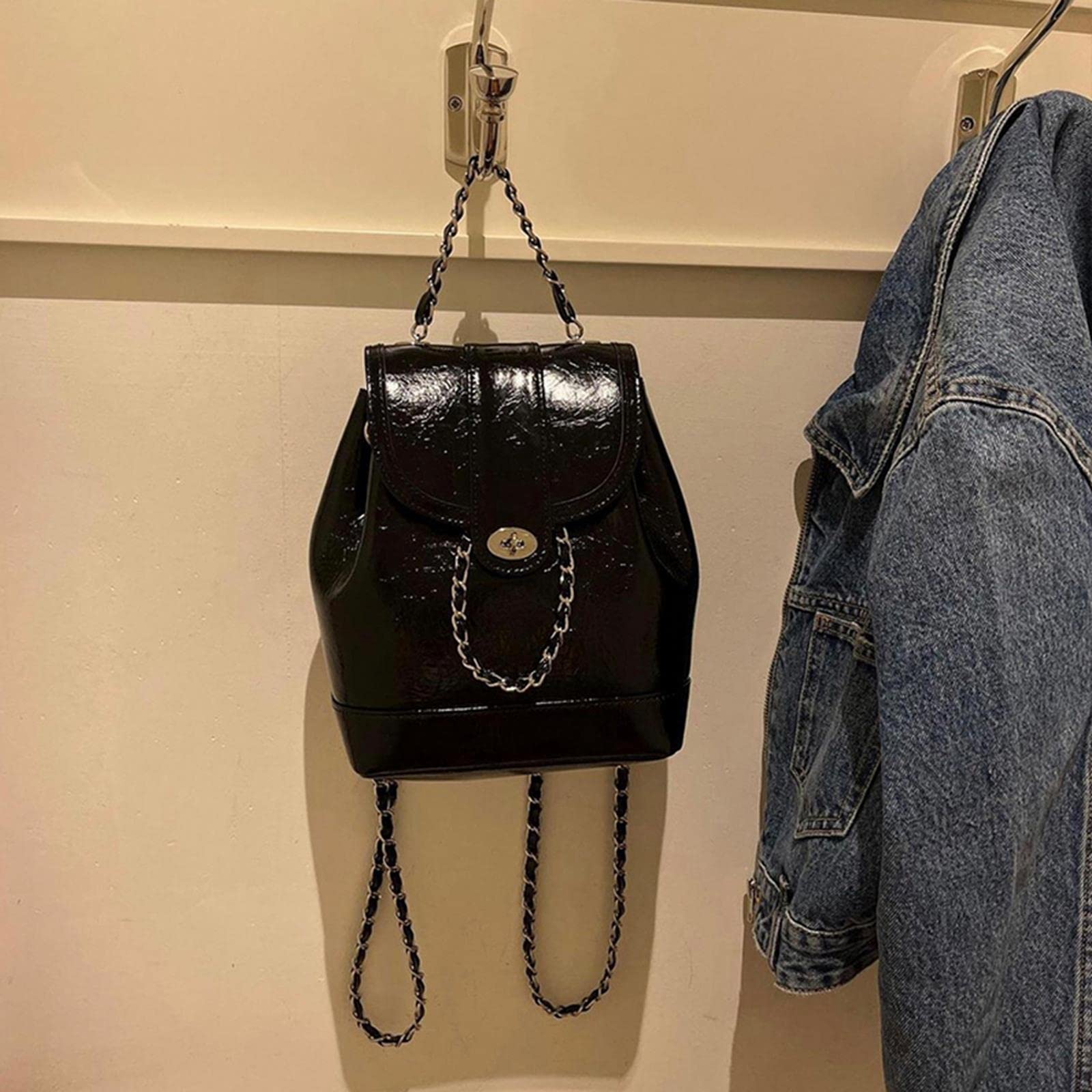 MOGSA Mochila escolar para mujer, otoño, invierno, mini cadenas, mochila para mujer, para estudiantes, cera de aceite, bolsa de viaje, color negro