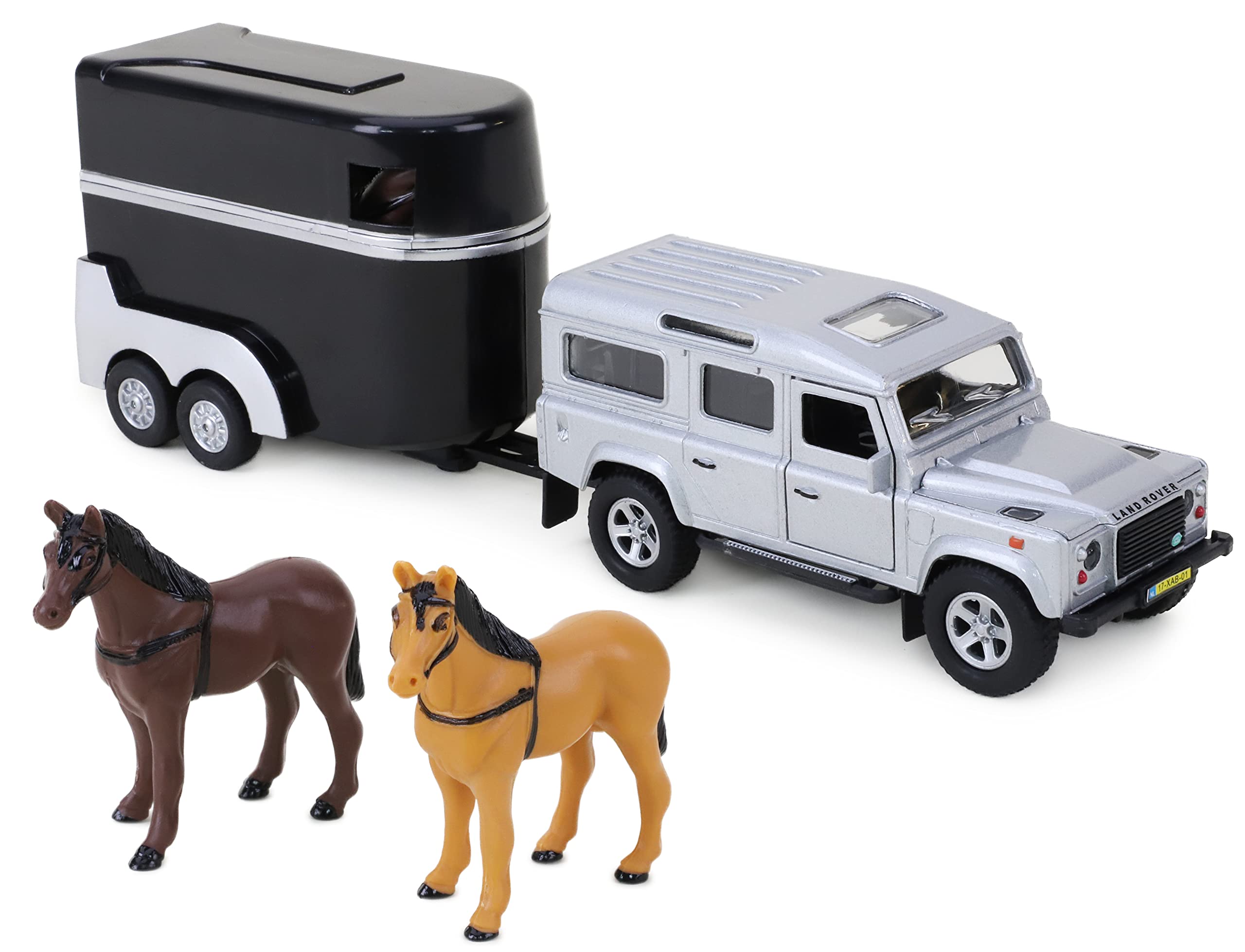 Toyland Landrover Toy Model With Horse Box Including 2 Horses - Diescast Metal - Farm Vehicles - BLACK