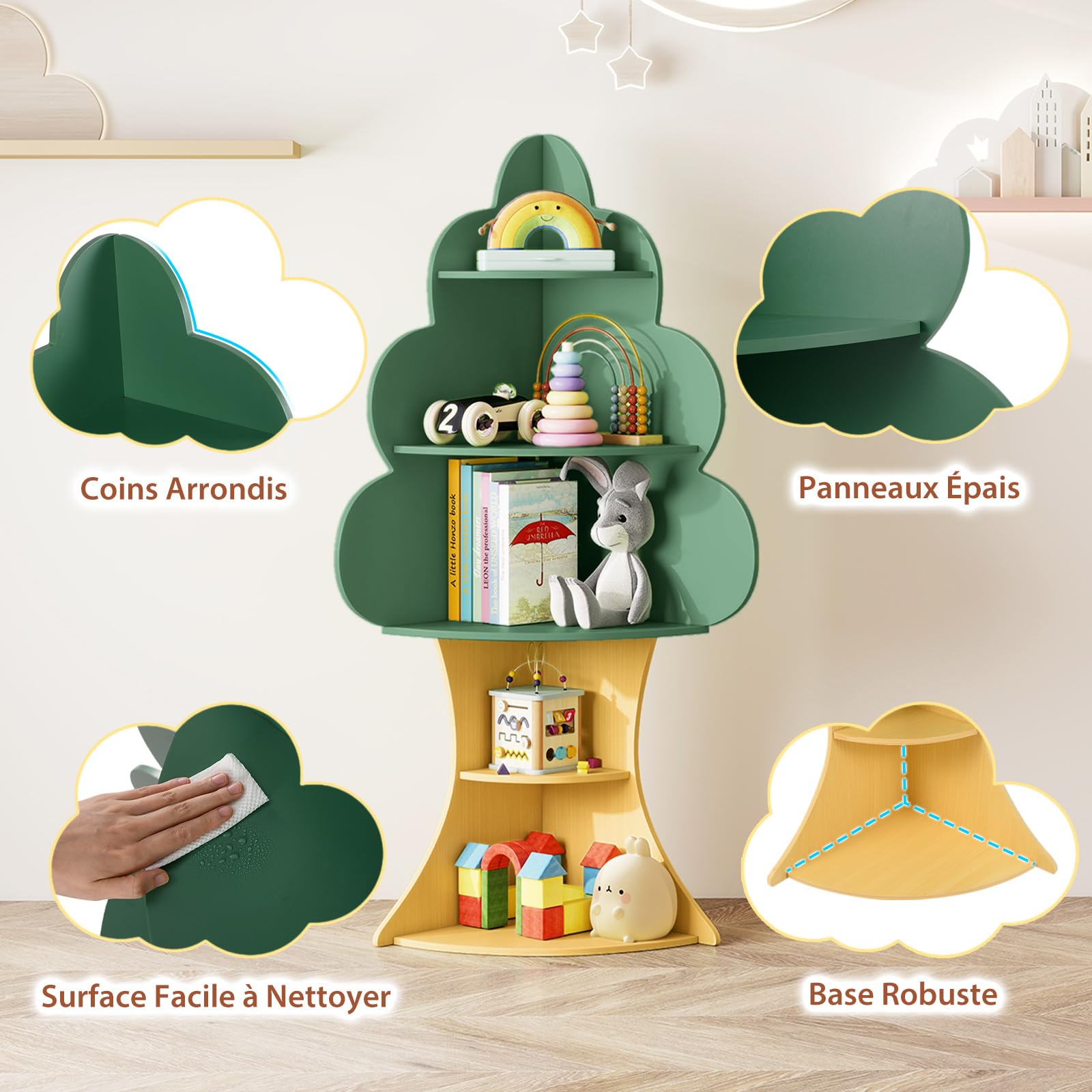 DREAMADE Bibliothèque d'angle pour Enfants 3+ Ans, 5 Étagères en Forme d'arbre pour Livres et Jouets, Parfaite pour Chambre, Salle de Jeux, Classe