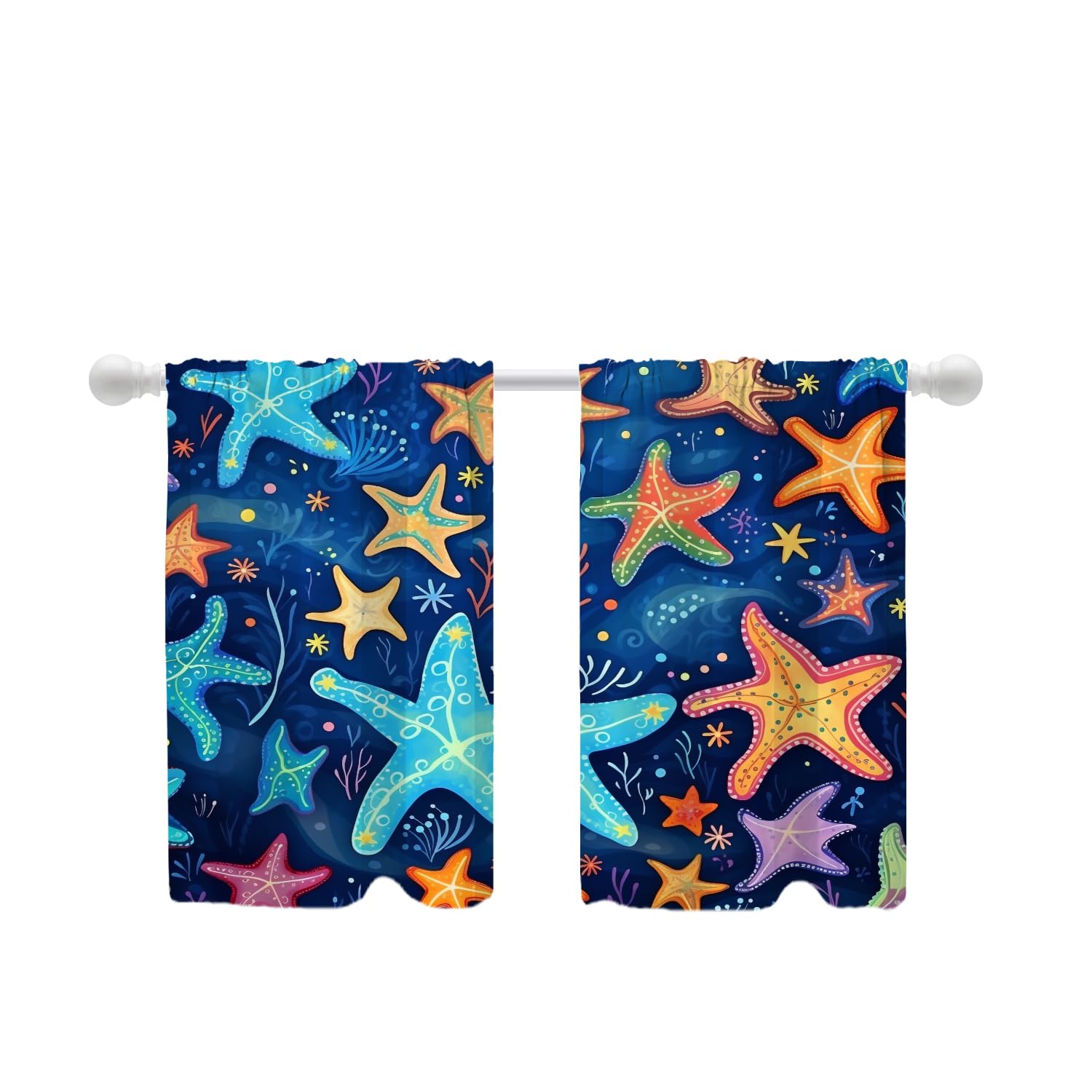 Shrahala Starfish Sea Plants Tier Curtains for Kitchen Windows, Colorful Sea Scene Window Curtain Panels Multilayer Polyester Blackout for Living Room