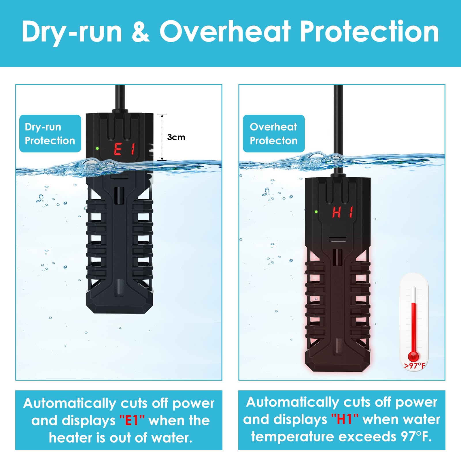 Chauffage d'aquarium 100 W, chauffage d'aquarium réglable, avec affichage numérique, protection contre la surchauffe et protection contre la course à sec, pour eau de 37 à 78 litres