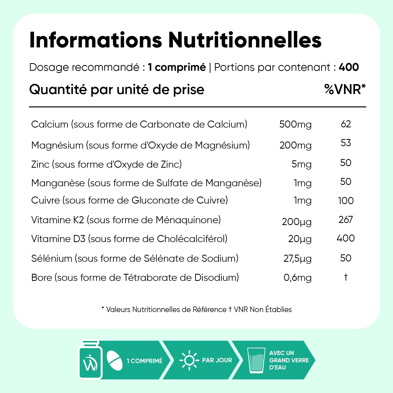 Calcium Magnésium Zinc Vitamine D3 K2 MK7, 400 Comprimés Vegan (+ 1 An)