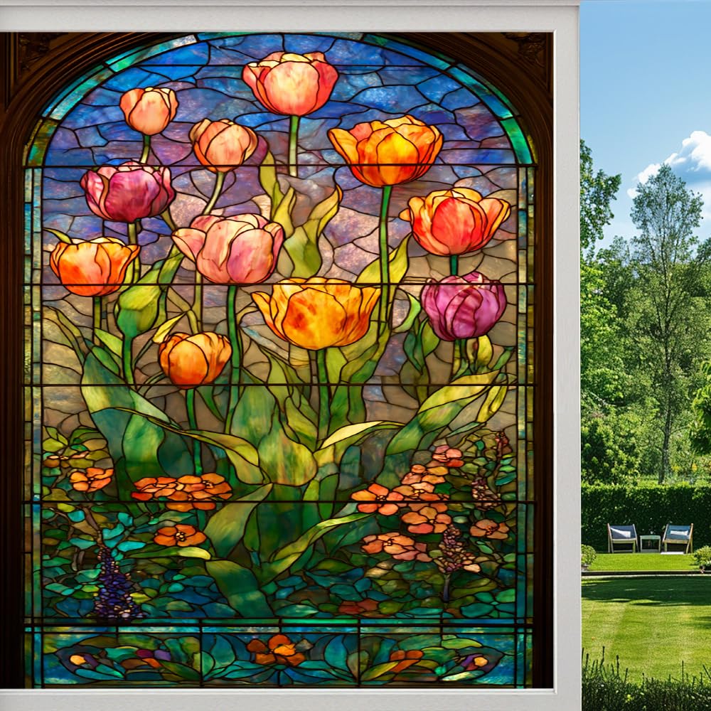 Dreamy Flowers Privacy Window Film, Colorful Tulips Garden Frosted Self-Adhesive Vinyl Cling for Glass Doors Bathroom Windows Sun Blocking Heat Control, （80x140cm）