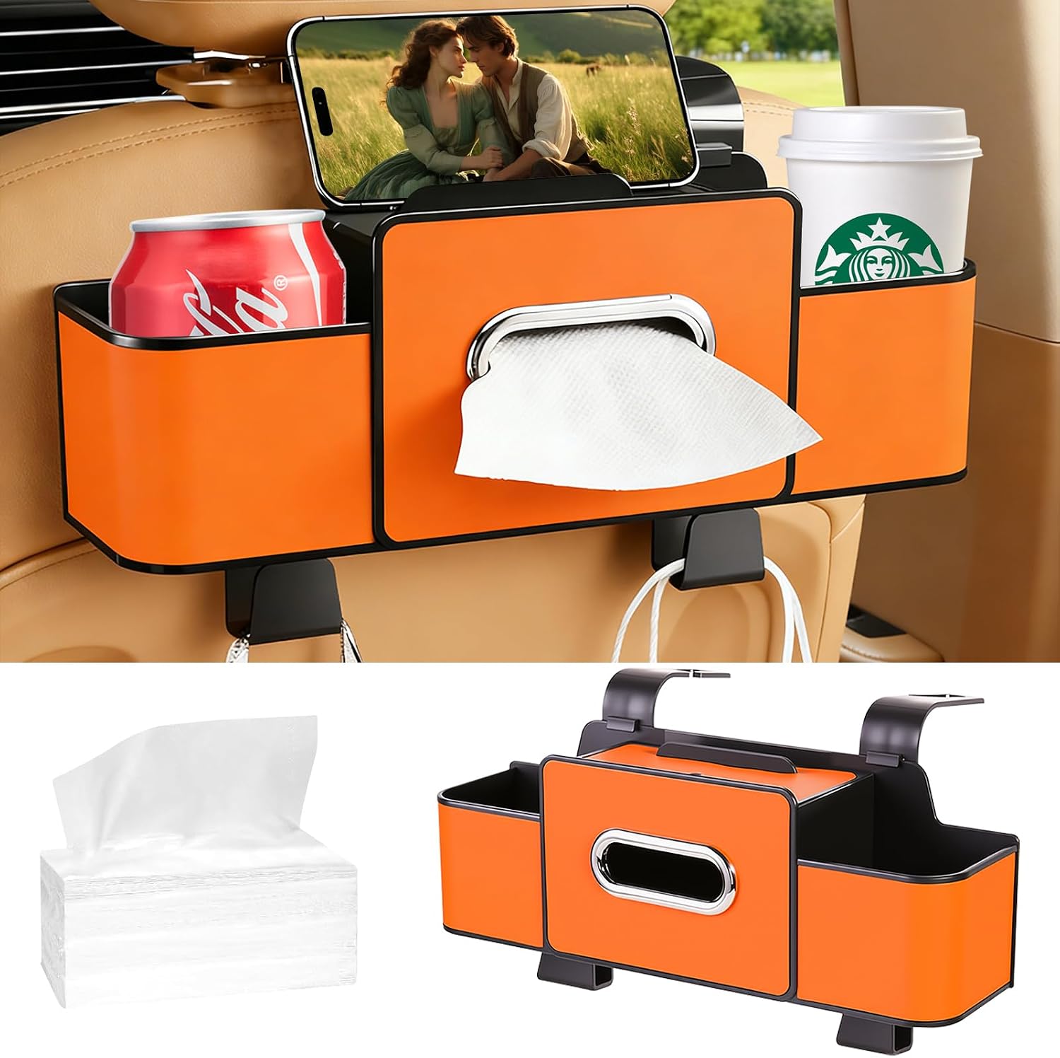 4-in-1 Orange Back Seat Car Organizer, Upgraded Multifunctional Car Seat Back Storage Box, Hanging Back Seat Storage Organizer, Partition Design, with Phone Holder, Tissue Box, 2 Cup Holders, 2 Hooks
