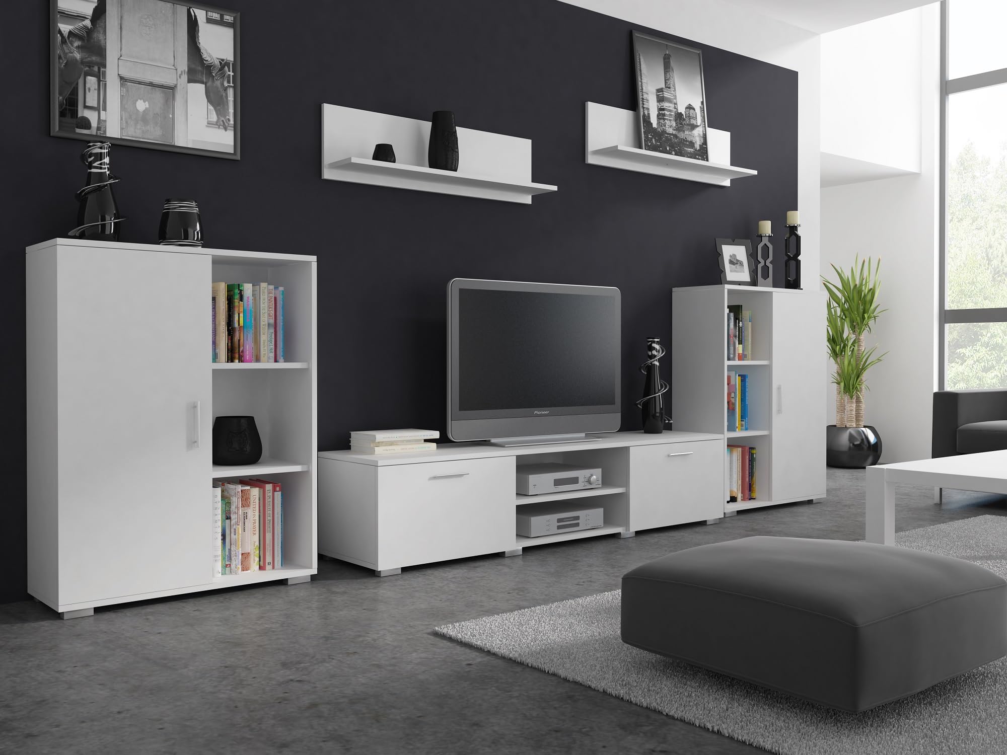 Per la vita Wohnwand Herkules, Schrankwand Wohnzimmer Modern, Wohnzimmerschrank mit Fernsehtisch, Sideboard und Wandregal Wohnzimmer Komplett Möbel - Weiß