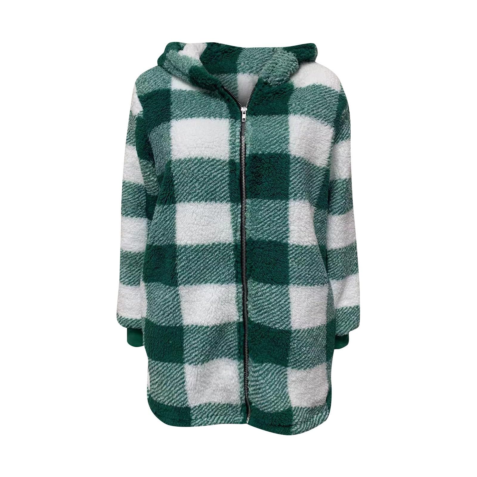 Teddyjacke Damen Mit Kapuze Winterjacke Kariert Plüschjacke Flauschig