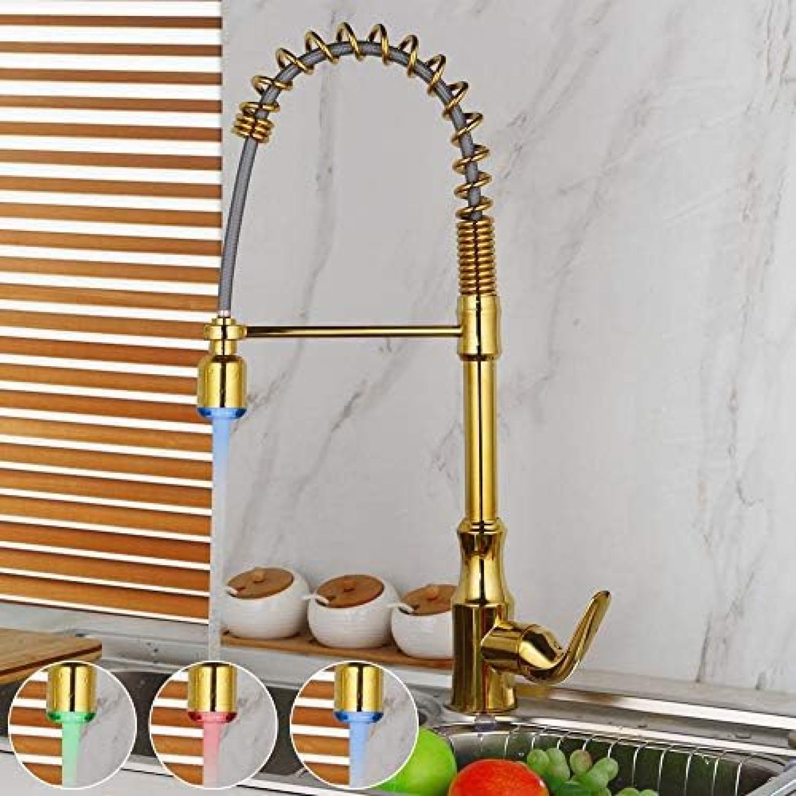 BHFPFZA den Kitchen Faucet with LED Pull Down Sprayer Swivel Mixer Tap for Vessel Sink Modern ng Design High-Arc Water Tap Brass h