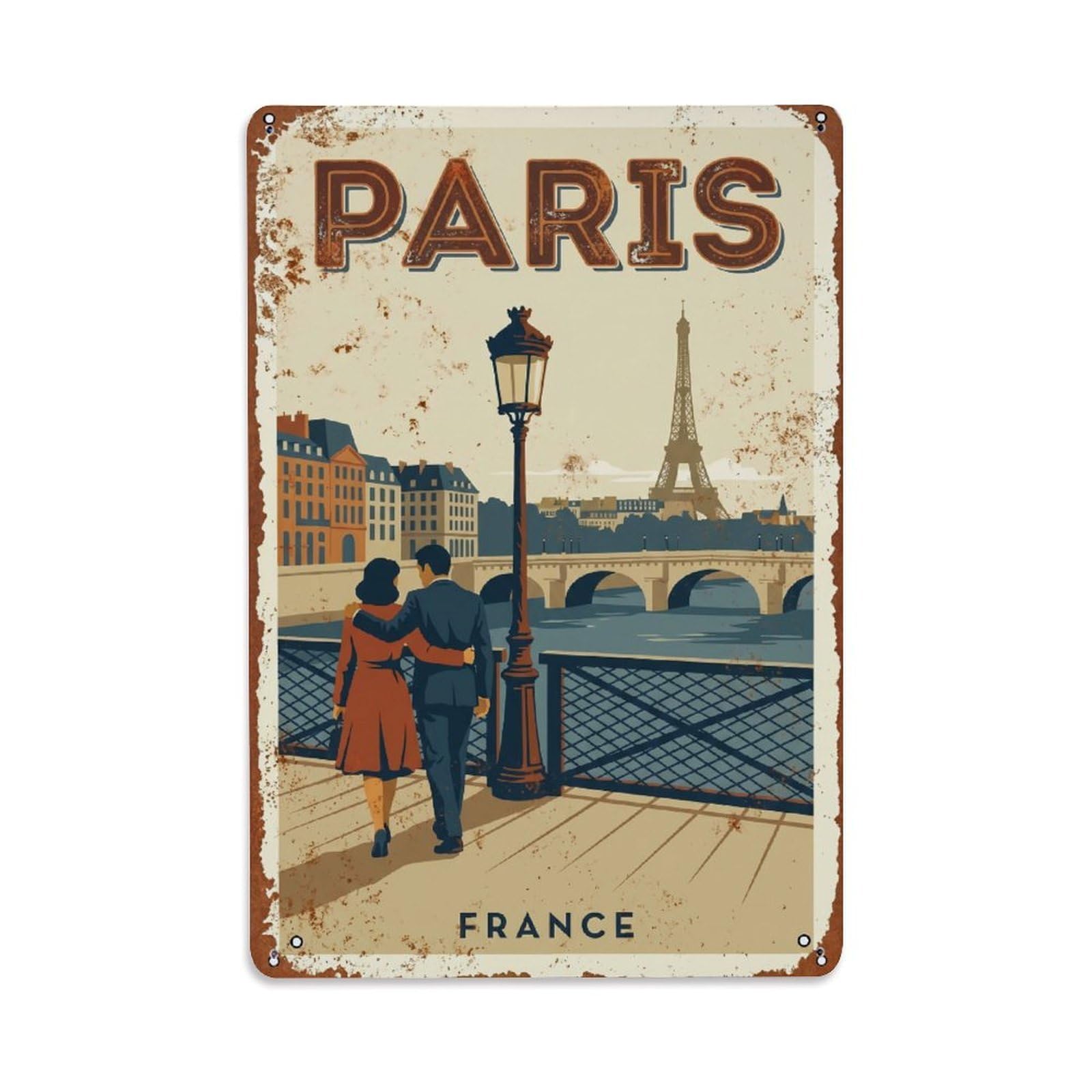 Vintage Travel Paris Pont Des Arts Bridge Rusted France Metal Tin Sign Plaque Wall Decor for Cafe, Club Bar, Office, Home Garden Metal Poster 8x12Inch