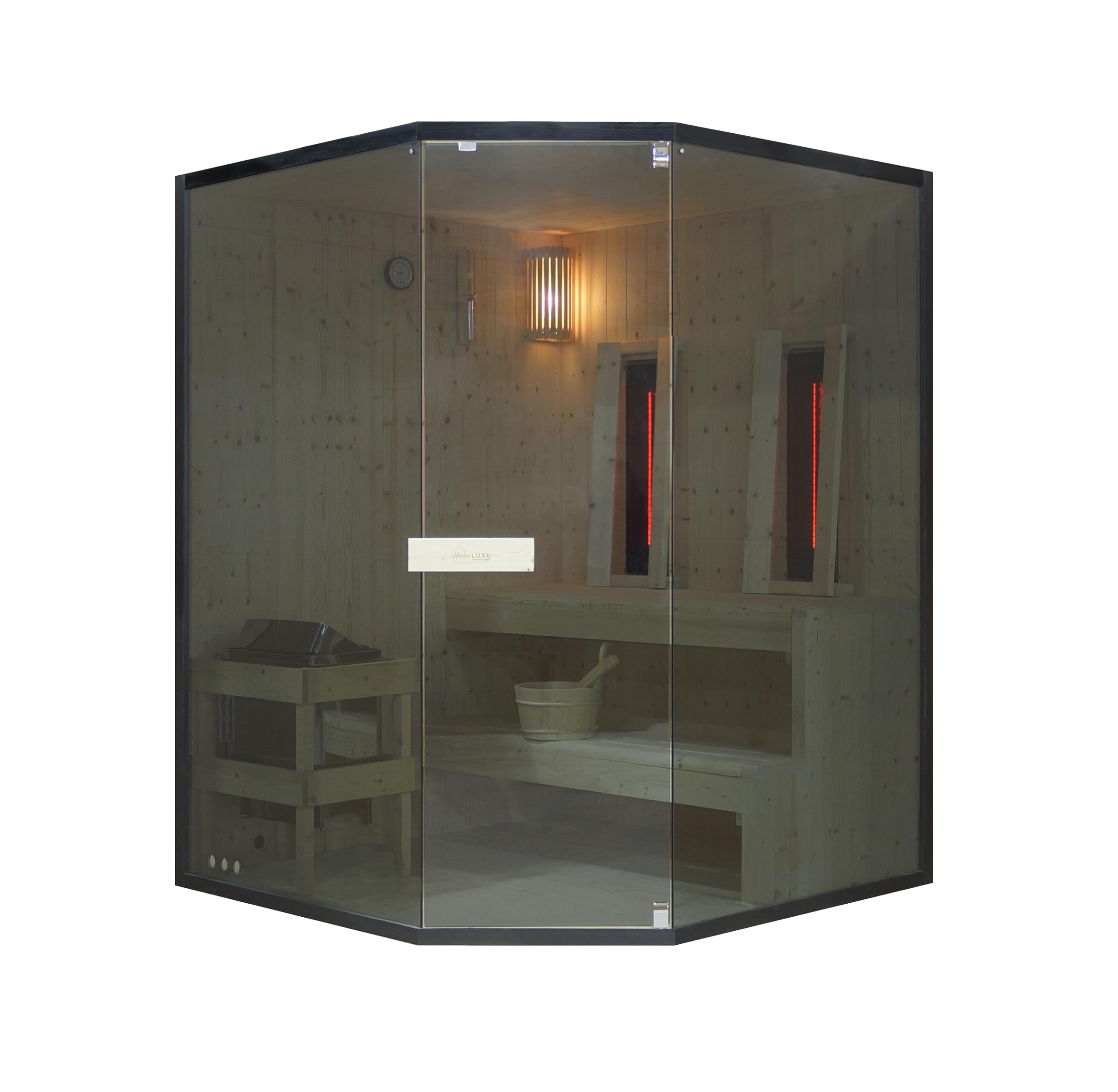 SANOTECHNIK Glacier XL - Sauna e cabina a infrarossi per 2-3 persone, combinazione sauna a infrarossi in legno di abete rosso con forno elettrico da 6,0 kW, 2 faretti a luce rossa da 400 W, vetro di