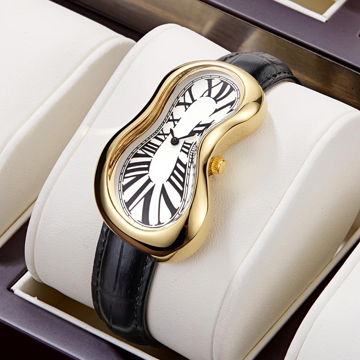 PINTIME Melting Art - Reloj de pulsera de acero inoxidable, reloj surrealista para hombre con números romanos, diseño único de esfera distorsionada, reloj de vestir casual de negocios