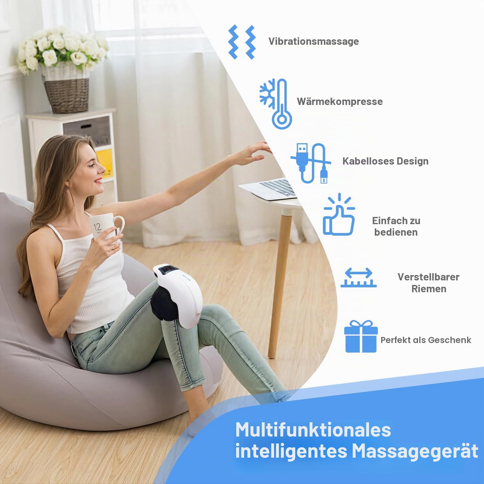 Kabelloses Kniemassagegerät mit 9 Stufen Wärme-, Vibrations- und Massagetherapie, Linderung von Knieschmerzen bei Schwellungen, steifen Gelenken, gedehnten Bändern und Muskelverletzungen, verstellbare