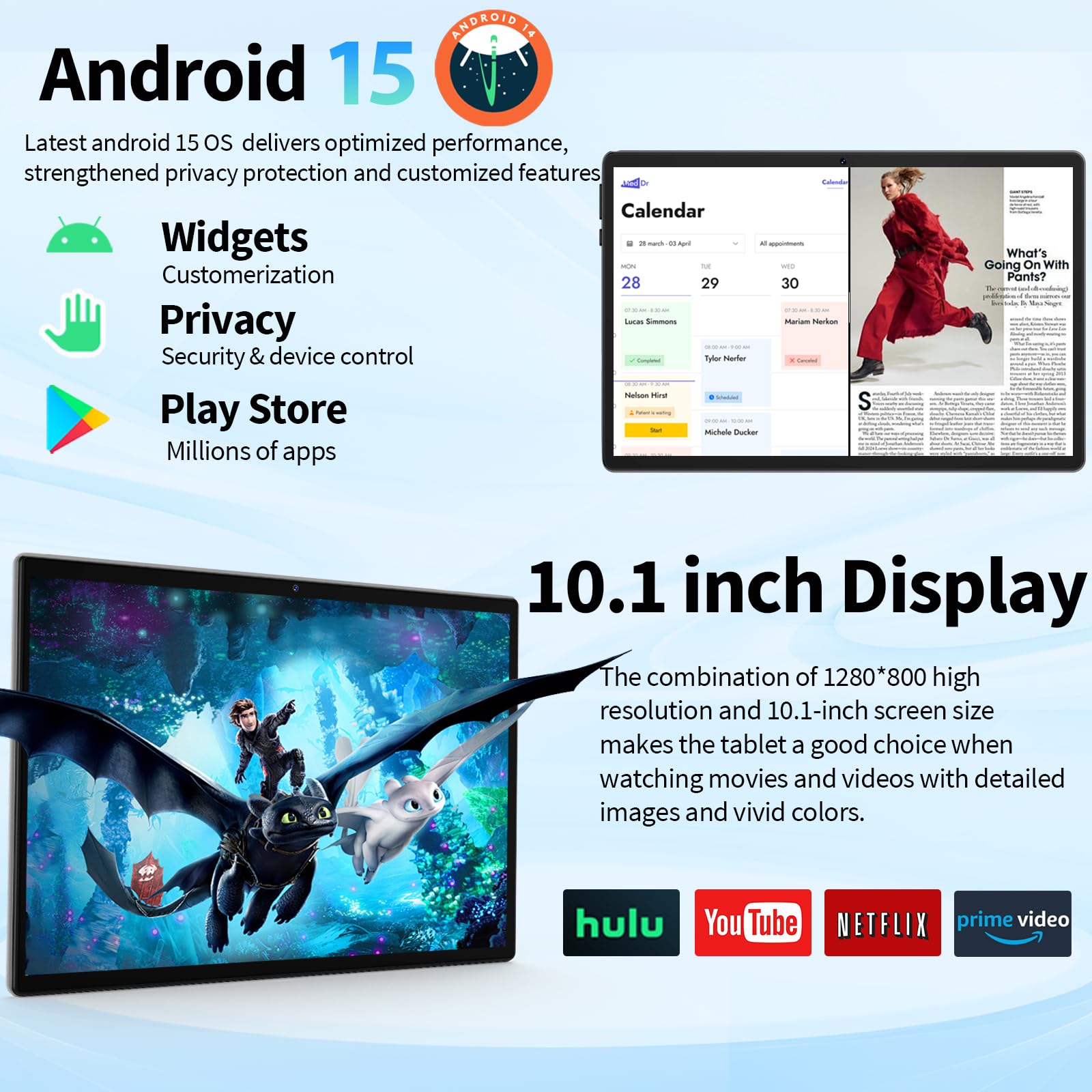 YOBANSE 2025 Tablet with Keyboard, 24GB RAM, 128GB ROM(2TB Expand), 10.1 inch Android 15 Tablet, 8000mAh Battery, BT 5.0, GMS Certified, 5G/2.4G WiFi, Tablets with Mouse, Case, Stylus-Black Case