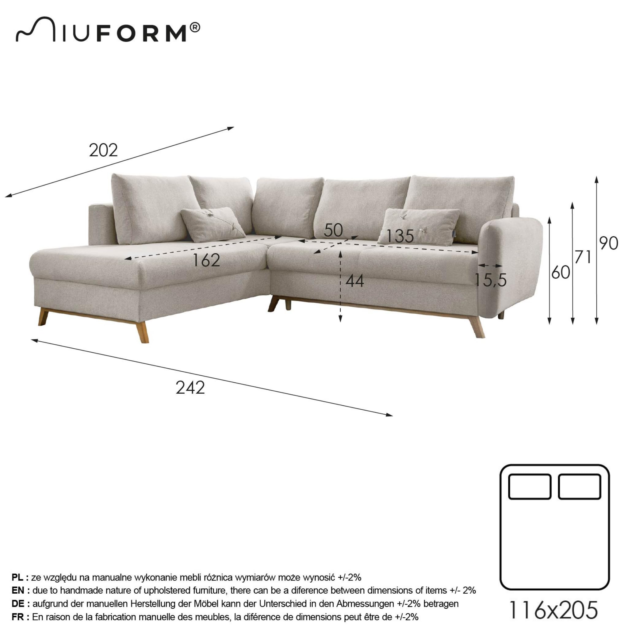 MIUFORM Scandic Lagom L | Canapé d'angle 6 Places avec Rangement et Fonction Couchage | en L à Gauche | Canapé 242 x 202 x 90 cm | Sofabed Convertible | Canapé-lit Pliant | Gris Clair