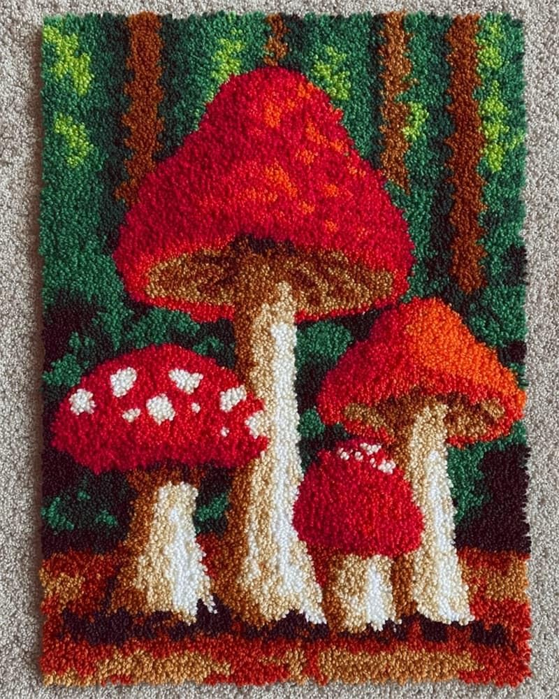 FWRTYCB Latch Hook Kits Rugs,Mushroom DIY Latch Hook Rug Making Kits for Beginners,20X15Inch Rug Making Kits with Printed, DIY Latch Hook Kits Carpet, Latch Hook Kits for Adults, Embroidery Kits for