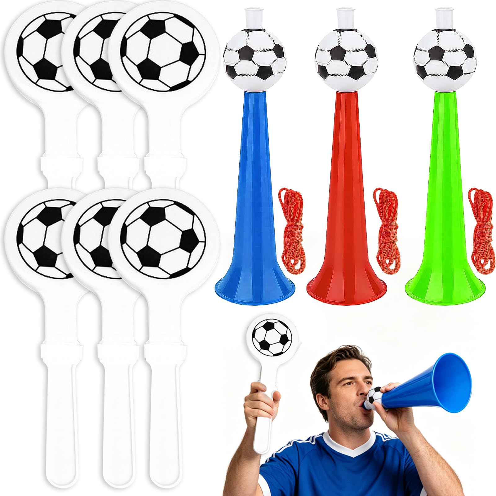 Vuvuzela - Lot de Football Tröte 3 - Avec 6 claque à main football - Selon les fans de football - pour Événements Sportifs, Remise de Diplôme, Fête, Coupe du monde