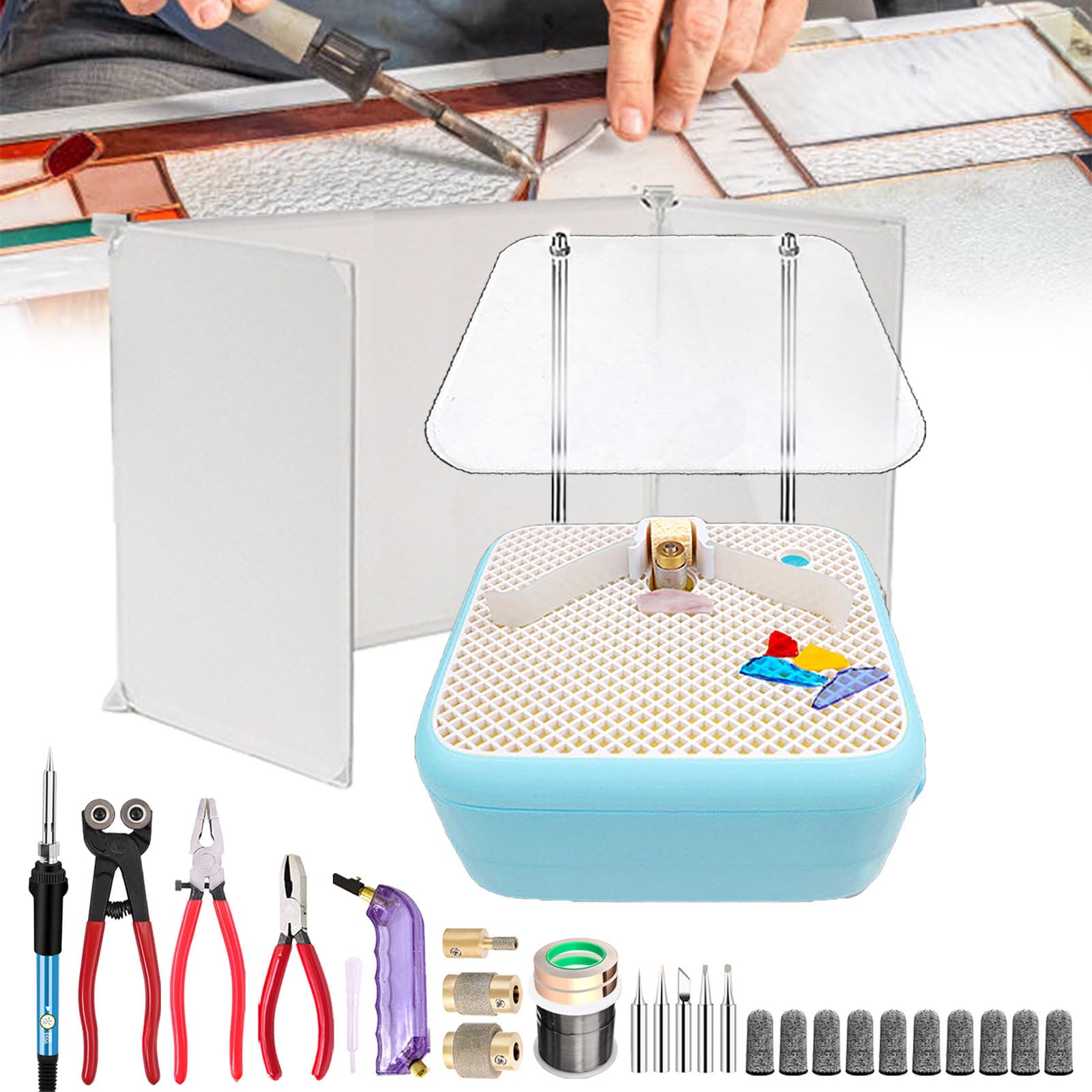 TIANQIHAO Tool Kit Professional 14Pcs Stained Glass Start-Up Tool Set,Include Desktop Power Glass Grinder&Glass Cutter Tool Kit&Soldering Iron Kit&Consumables,Blue