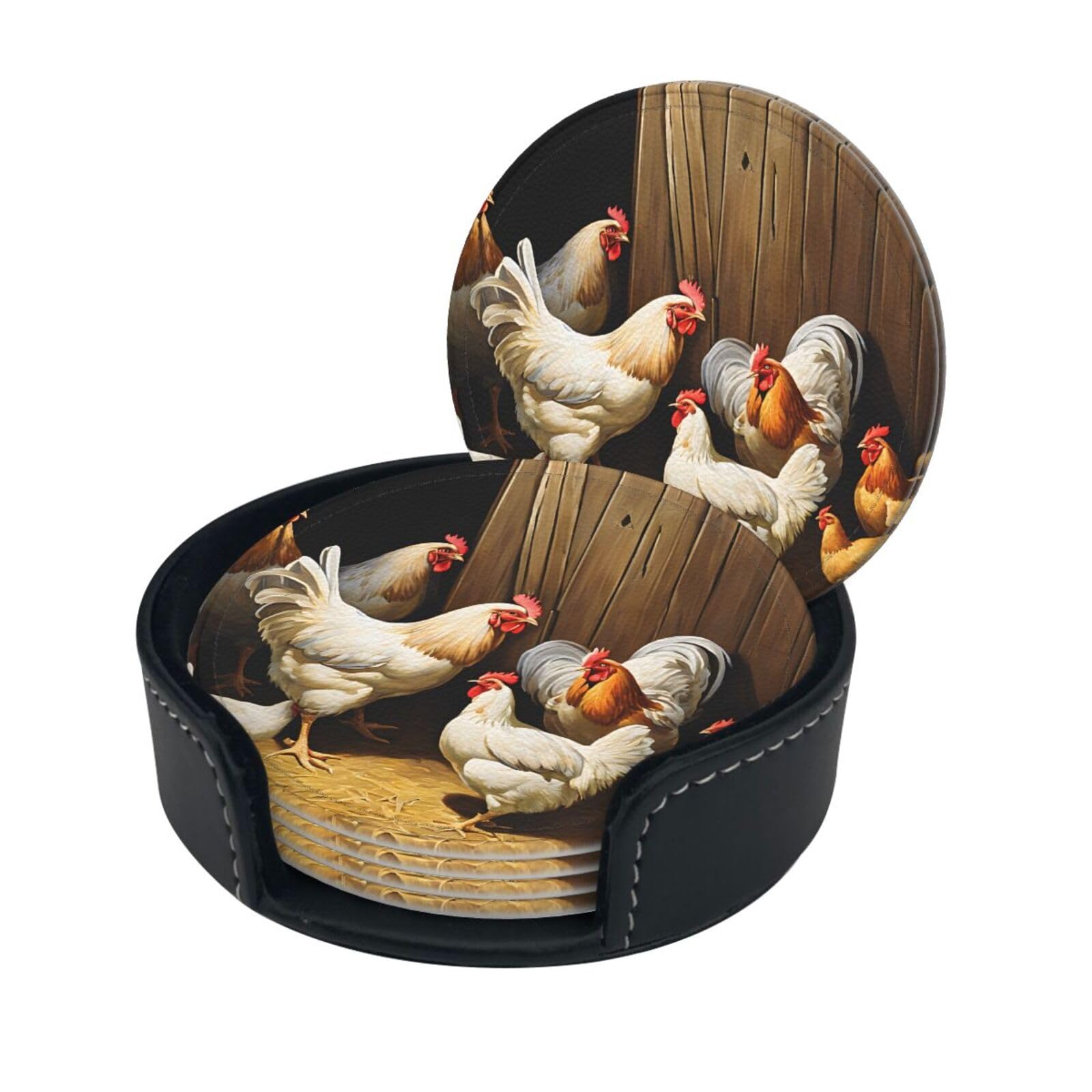 Farm Chickens Print Coaster,Round Leather Coasters with Storage Box for Wine Mugs,Cold Drinks and Cups Tabletop Protection (6 Piece)