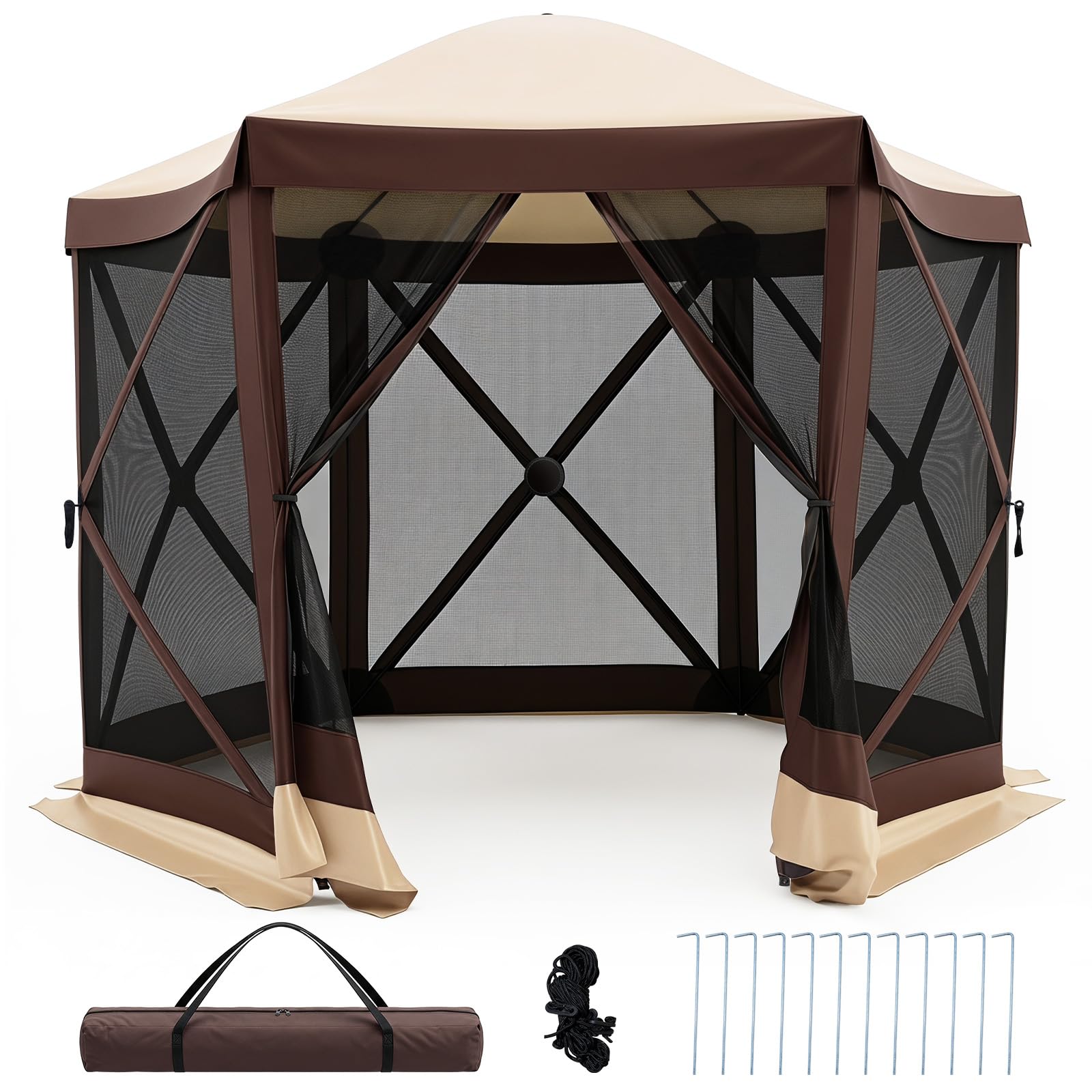 COSTWAY Tonnelle Pop-up avec Moustiquaire, Tente de Réception Pliante pour 4-6 Personnes, Barnum Gazebo de Jardin avec Toit Oxford, Abri Extérieur Hexagonale pour Camping Fête (295 x 295 x 220 cm)