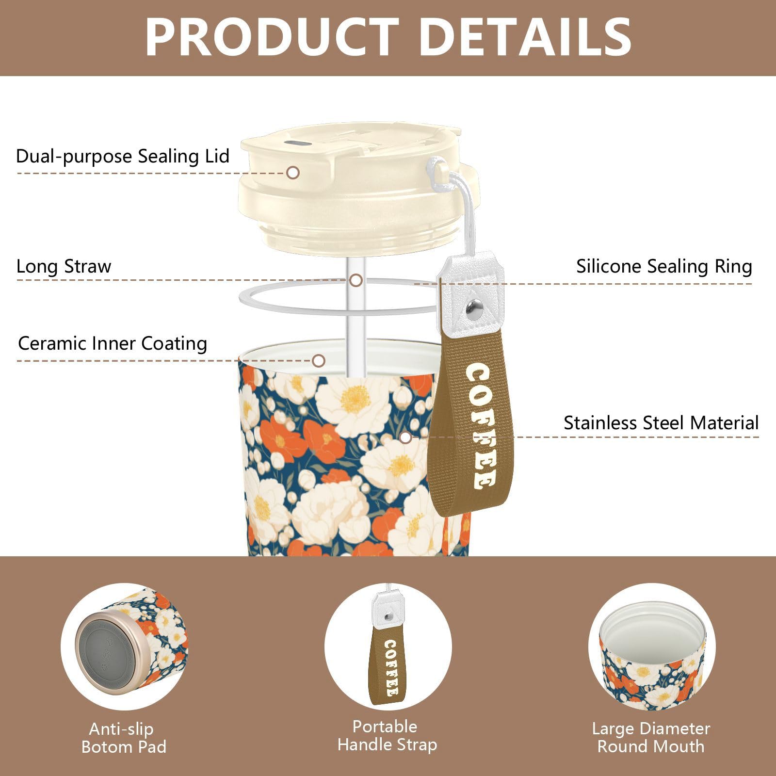linqin Taza grande de café de viaje con diseño de flor roja, taza Togo con tapa, tazas térmicas de acero inoxidable para bebidas calientes y frías, 17 onzas, a prueba de fugas