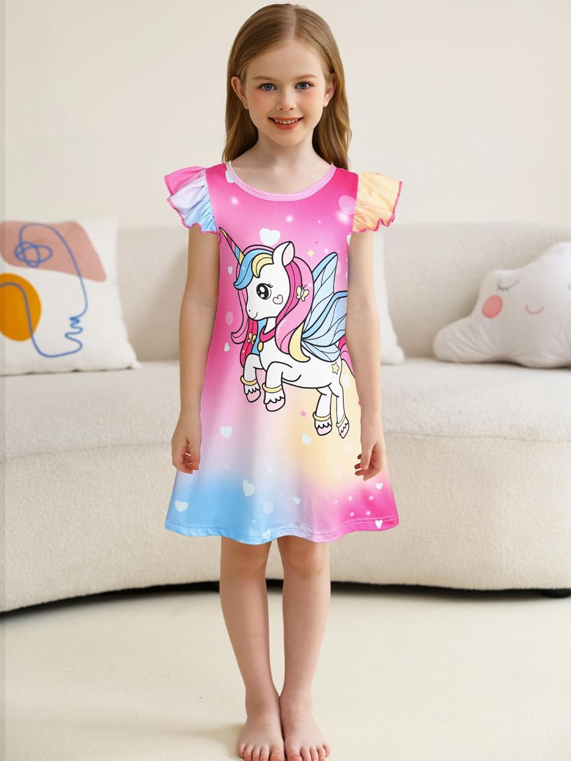 WonderBabe 2Pcs Girls Nightgowns Unicorn Pajamas Toddler Nightgown Sleepwear Flutter Short Sleeves Night Gowns for Kids - Image 5