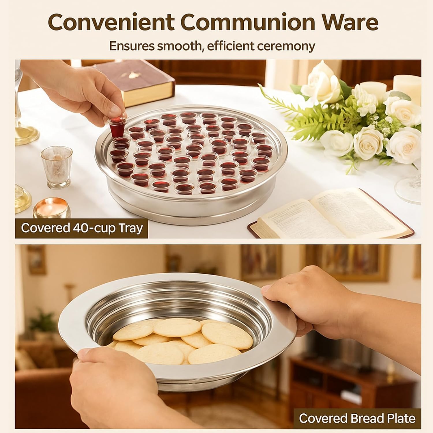 Communion Set, 40-Cup Communion Tray with Lid, Bread Plate with Cover, 100 Disposable Cups, Cup Filler, and Spout, 304 Stainless Steel Material