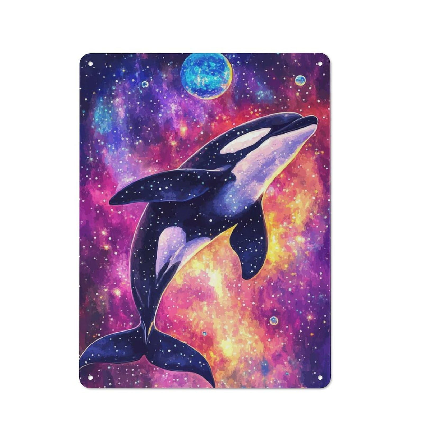 Shed Style Decorative Metal Plaque 40x30cm Featuring Cosmic Orca Whale, Porch Wall Decor for Patio Bar, Workshop, Shed Or Kitchen