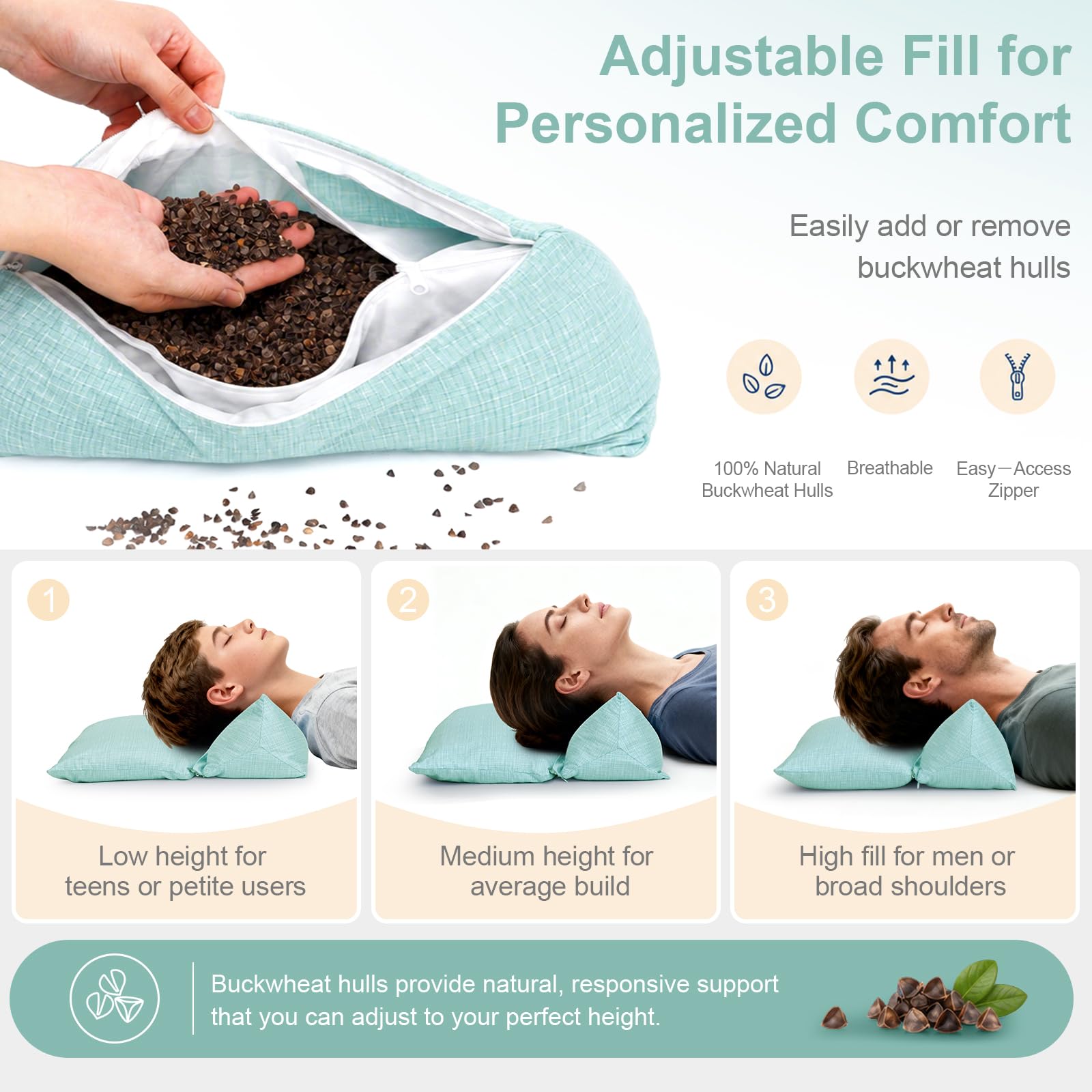 vocheer Almohada desmontable 3 en 1 de trigo sarraceno para dormir, 45,7 x 35,5 cm, almohada cervical para aliviar el dolor, altura y firmeza ajustables, apoyo firme para personas que duermen de