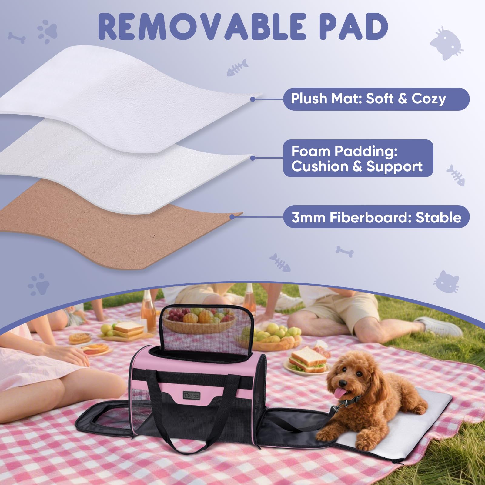 BALEINE Cat Carrier, Puppy Dog Carrier for Small Medium Pets Up to 22 Lbs, Soft-Sided Dog Travel Bag with Safety Zippers, Collapsible Pet Carrying Case (Pink, XL, 19"x12"x12") - image 5