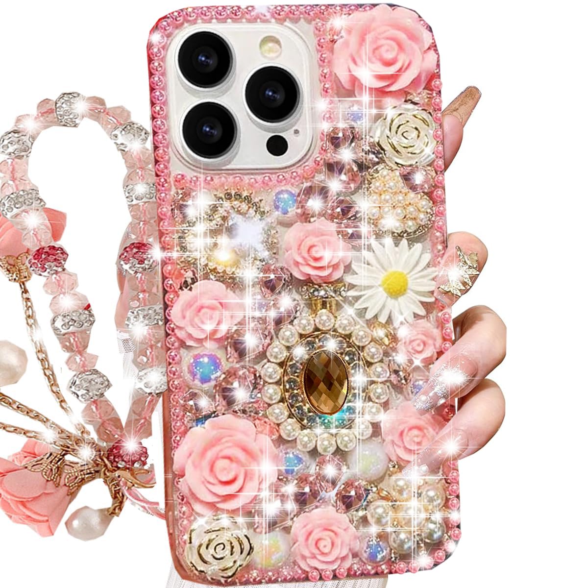 Changjia for iPhone 16 Pro Max Glitter Bling Case,Cute Luxury 3D Sparkle Queen Crystal Rhinestones Flowers Diamond Pearl Gems with Lanyard Wrist Strap